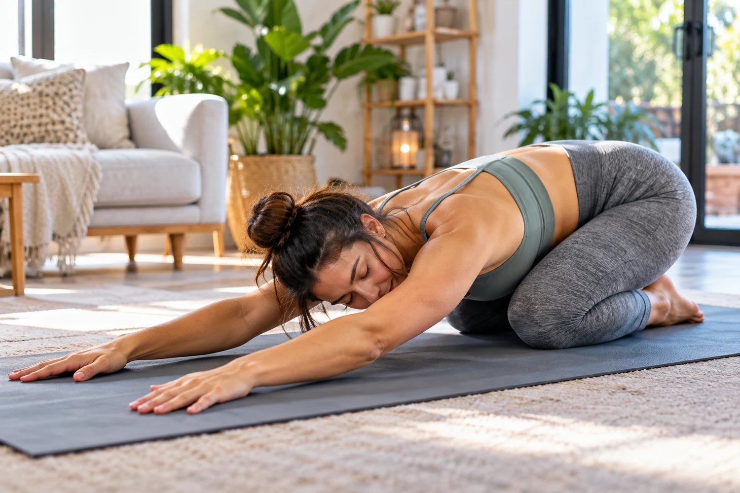 Adult woman resting in extended Child’s Pose during a gentle back-friendly yoga session