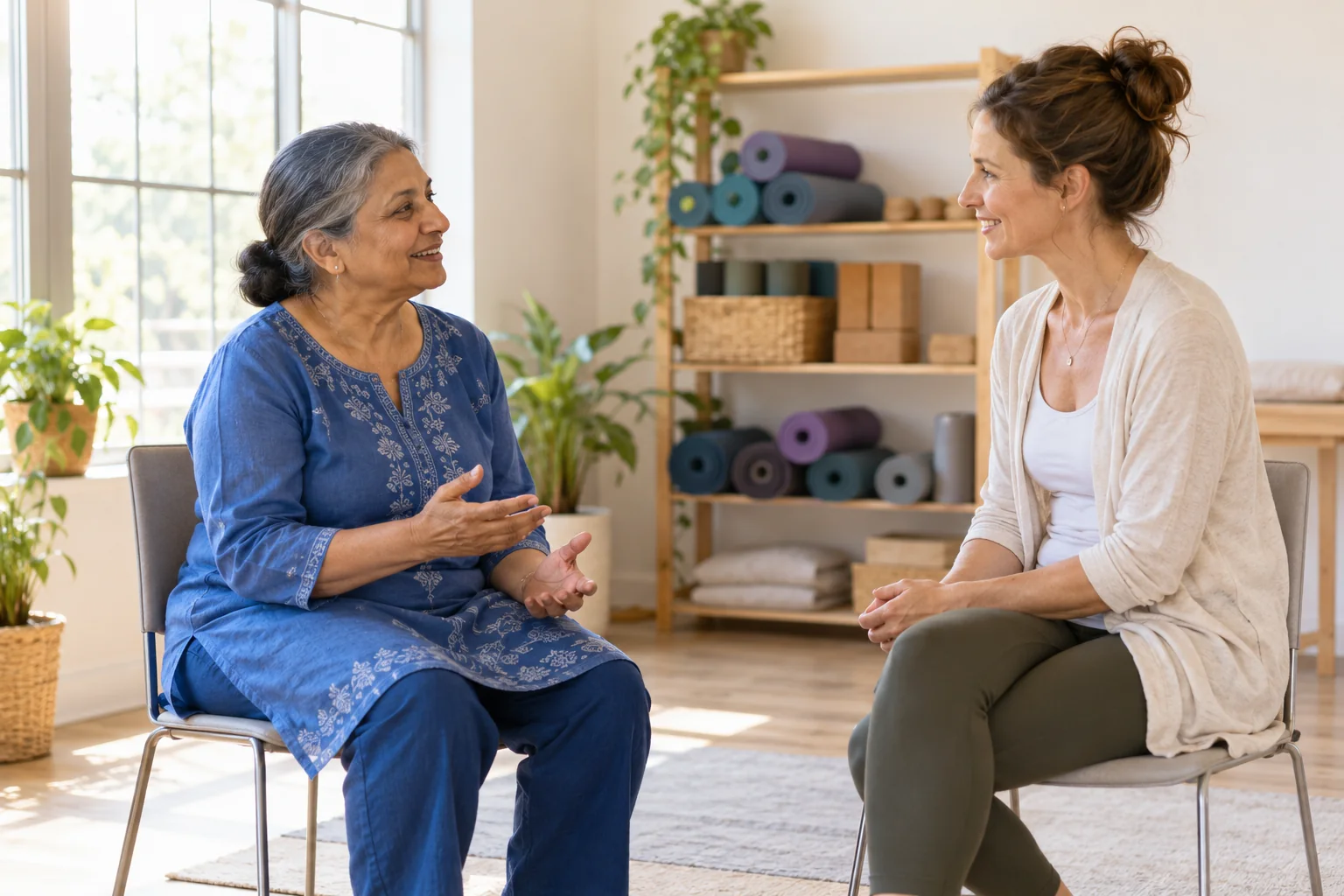 Woman asking an instructor questions in a yoga studio.