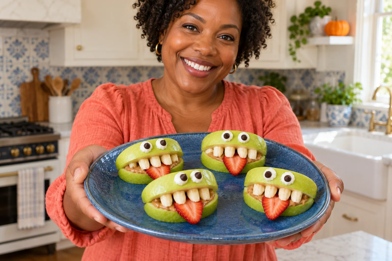 Woman presenting green apple monster snacks with strawberry tongues, banana teeth and edible yogurt chocolate eyes.