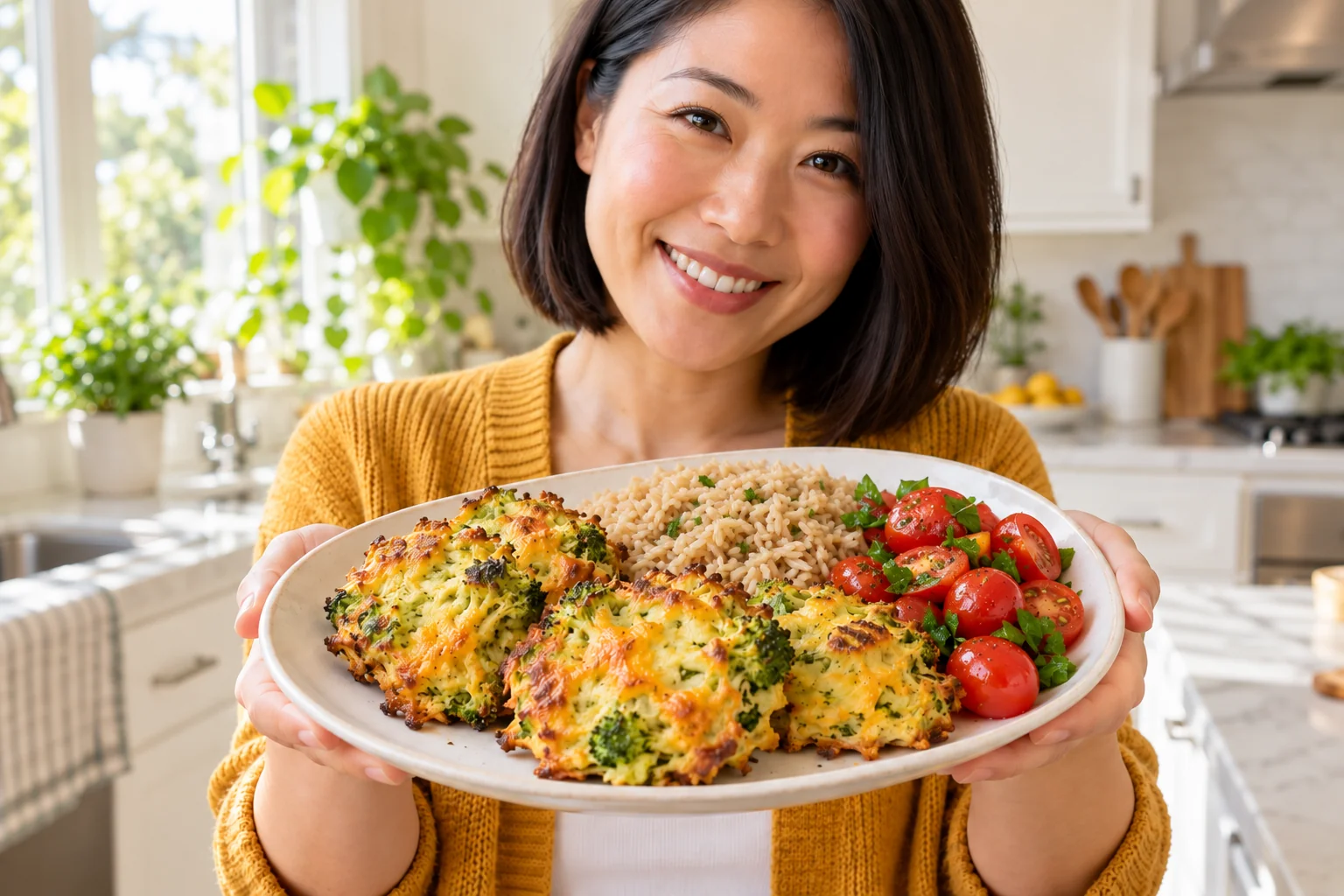 Woman presenting baked broccoli cheddar fritters, brown rice and tomato salad.