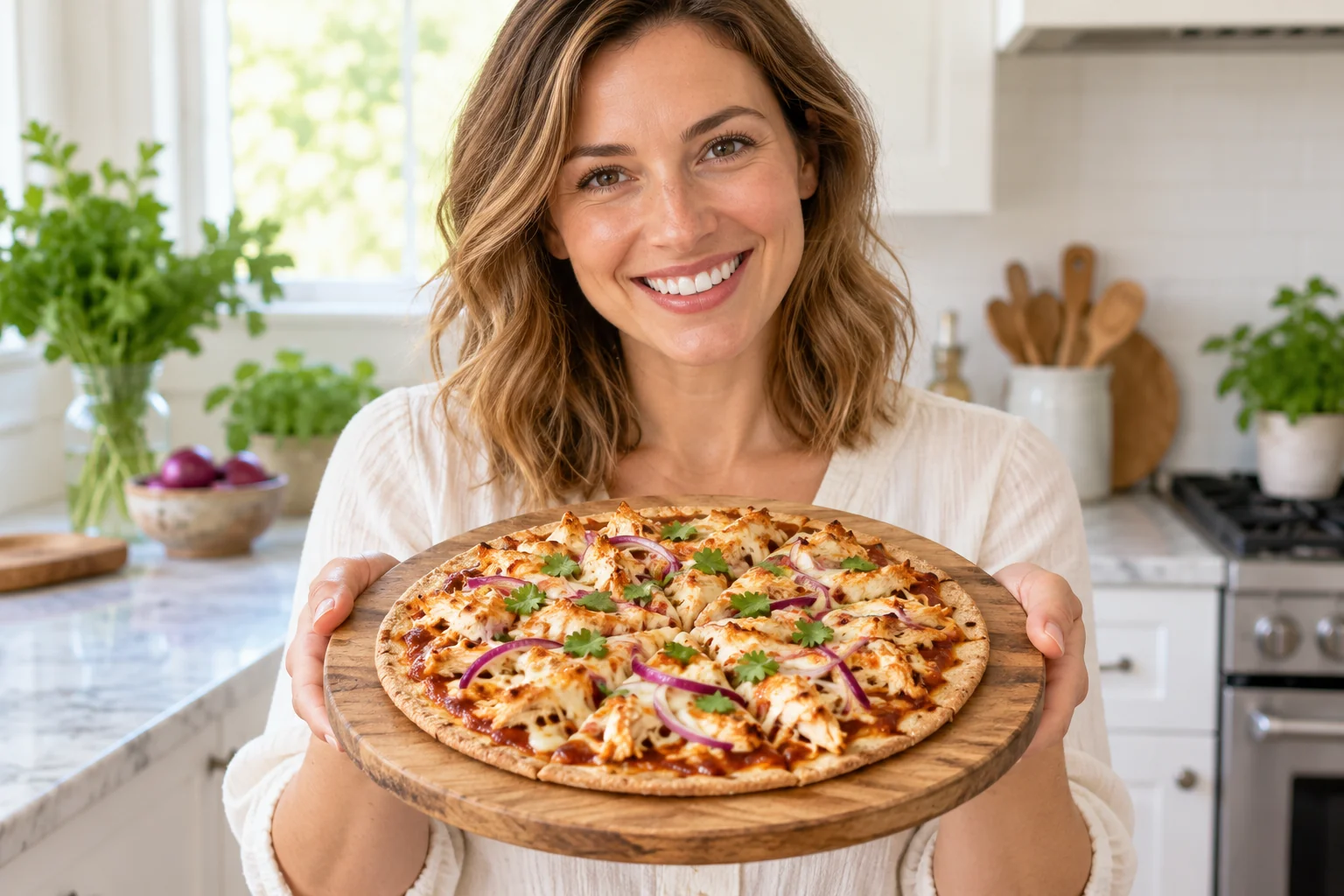 Woman presenting a barbecue chicken tortilla pizza.