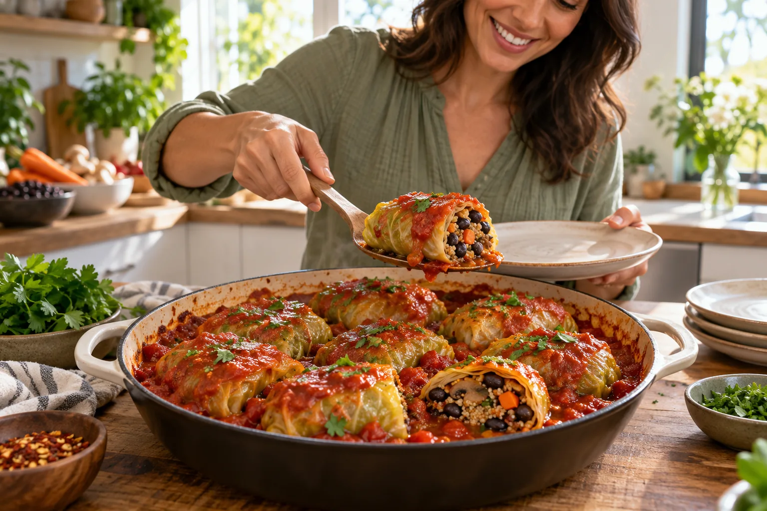 Black Bean and Quinoa Stuffed Cabbage Rolls