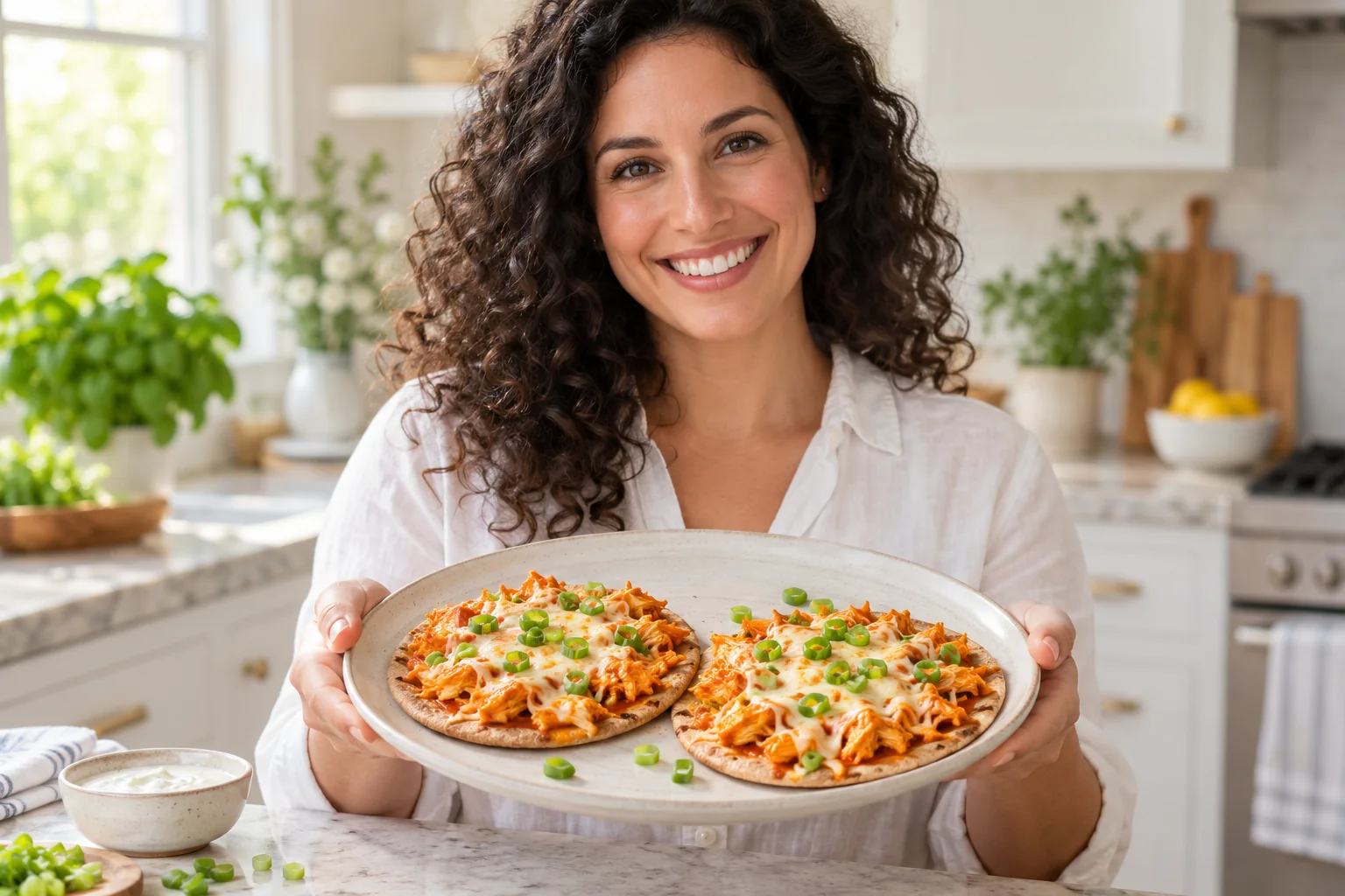 Woman presenting buffalo chicken pita pizzas.