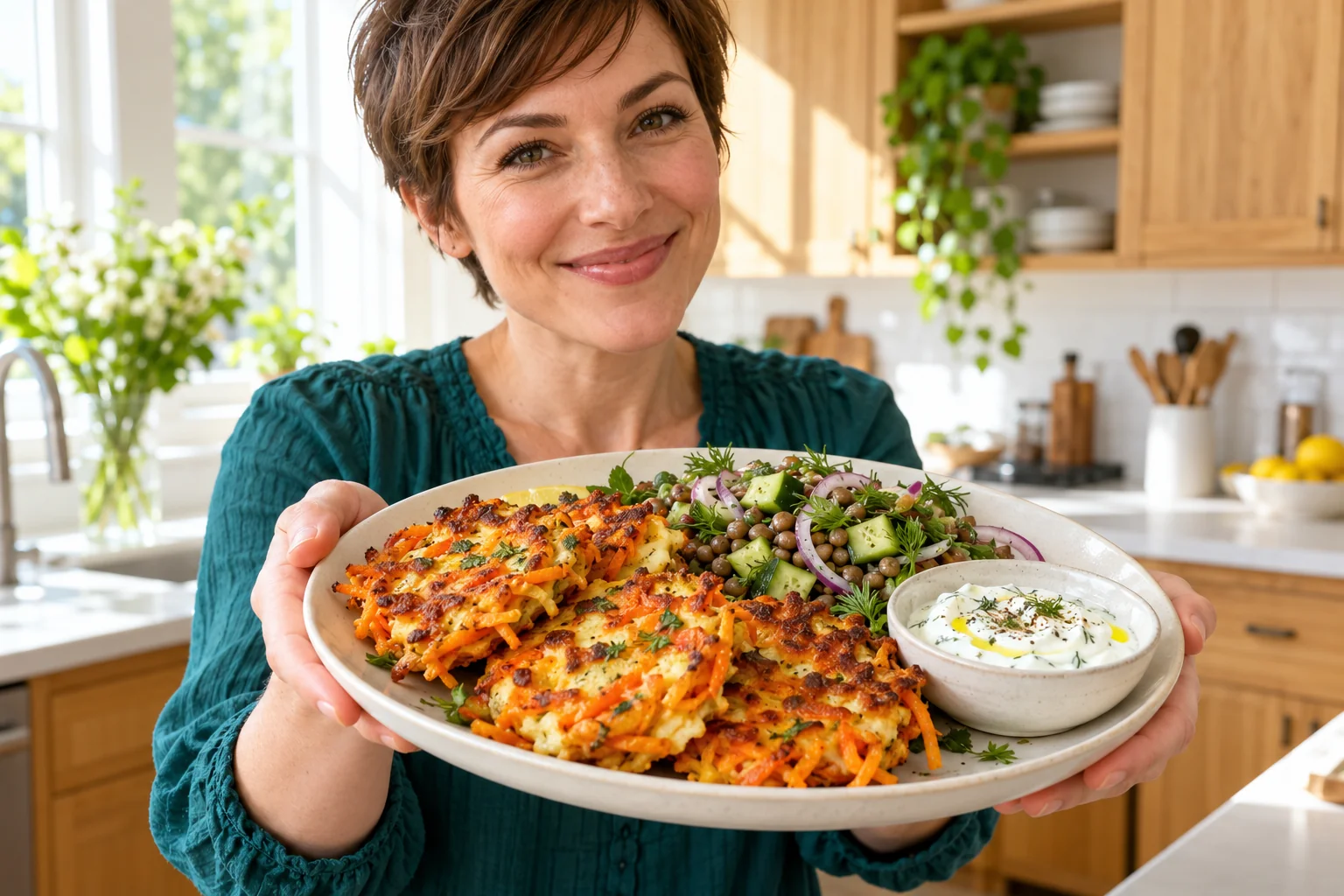 Woman presenting carrot halloumi fritters with lentil cucumber salad and yogurt.
