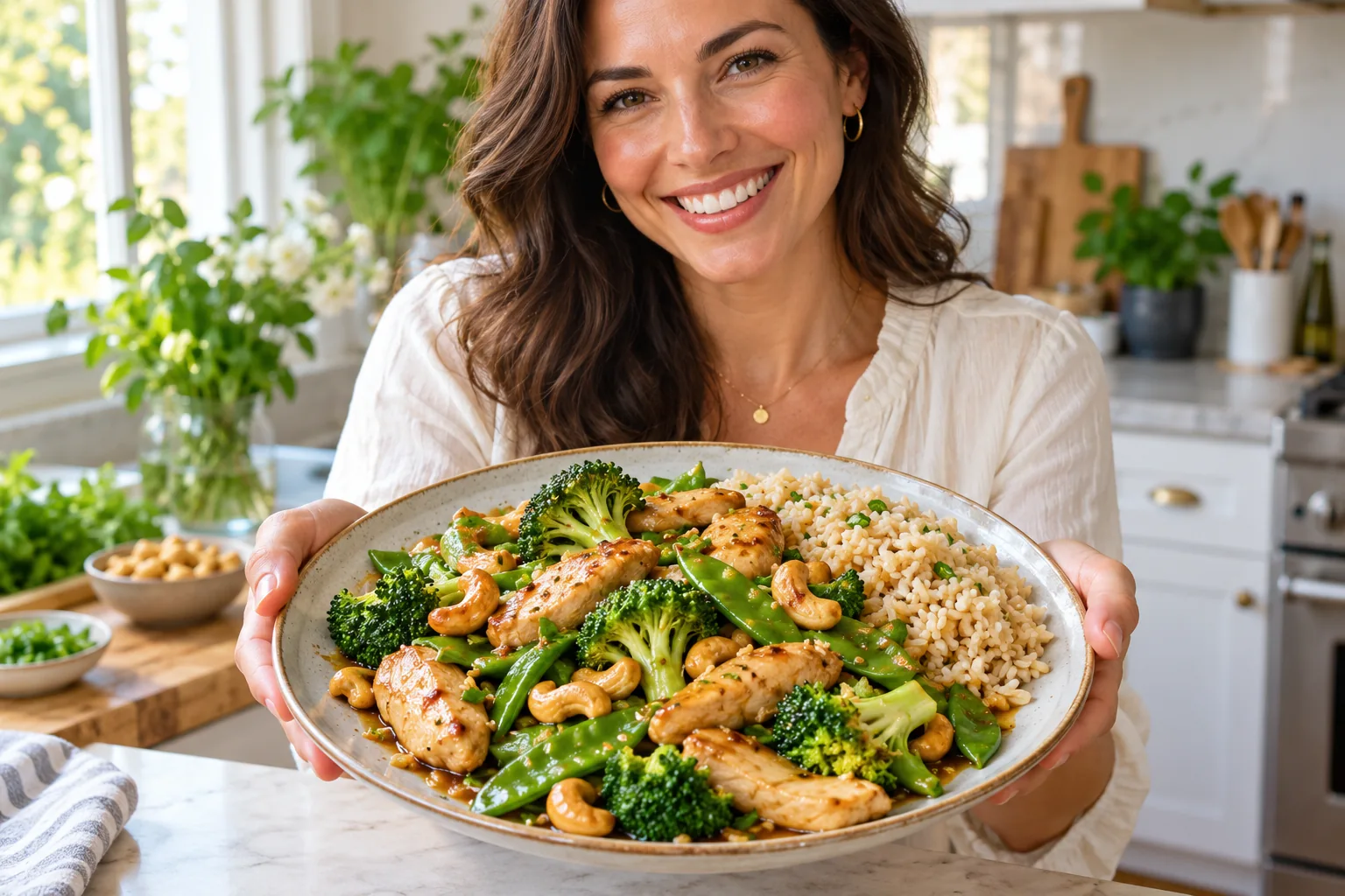 Cashew Chicken Stir-Fry with Broccoli and Snow Peas