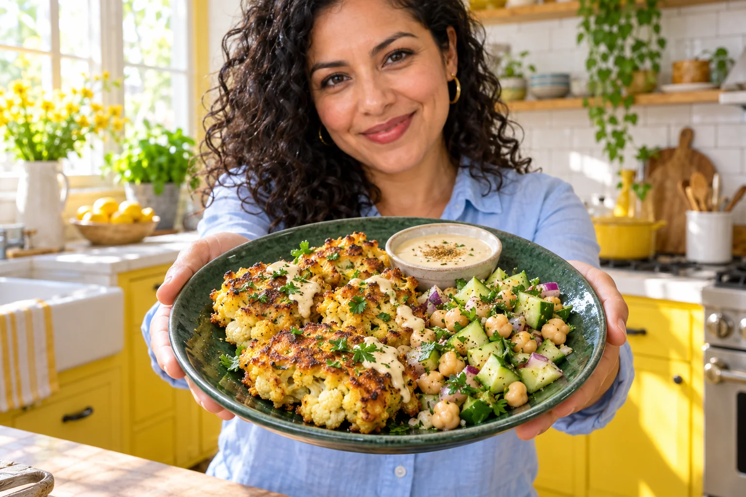 Woman presenting vegan cauliflower chickpea flour fritters with chickpea salad and tahini.