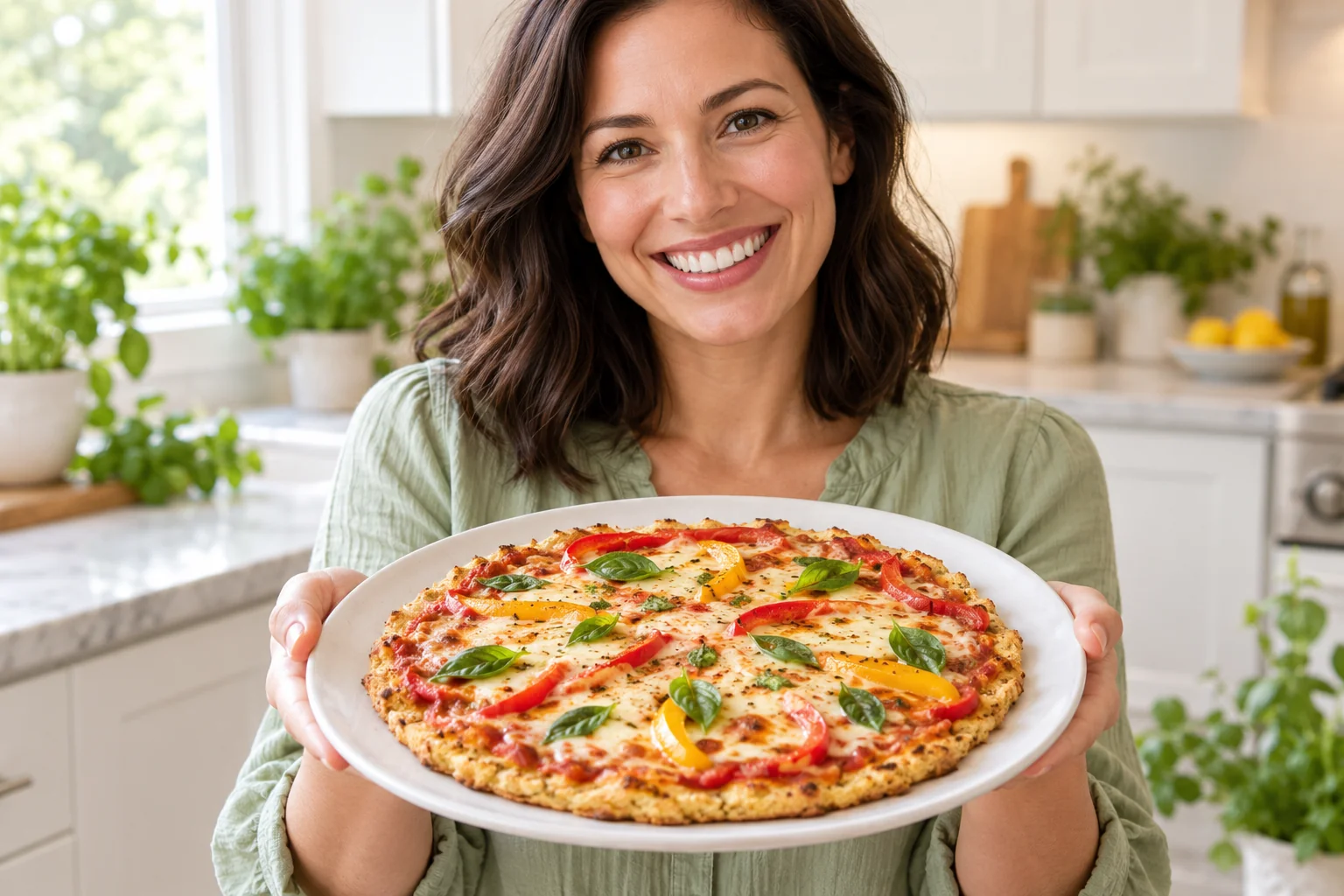 Woman presenting a chicken crust pizza with peppers and basil.