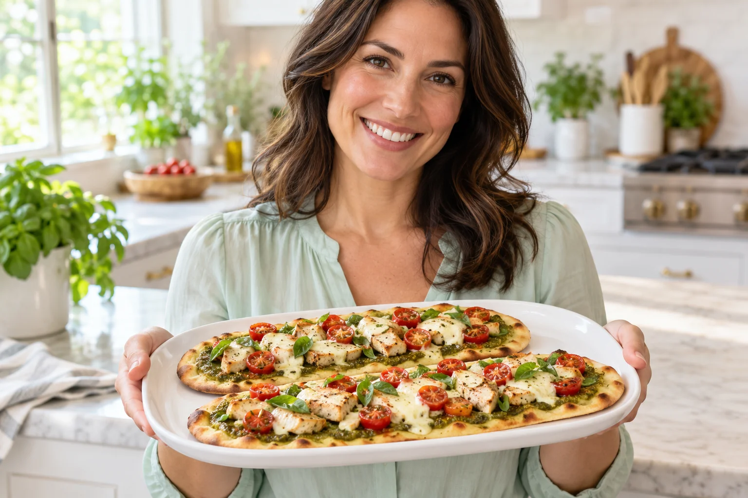 Woman presenting chicken pesto flatbreads with cherry tomatoes.