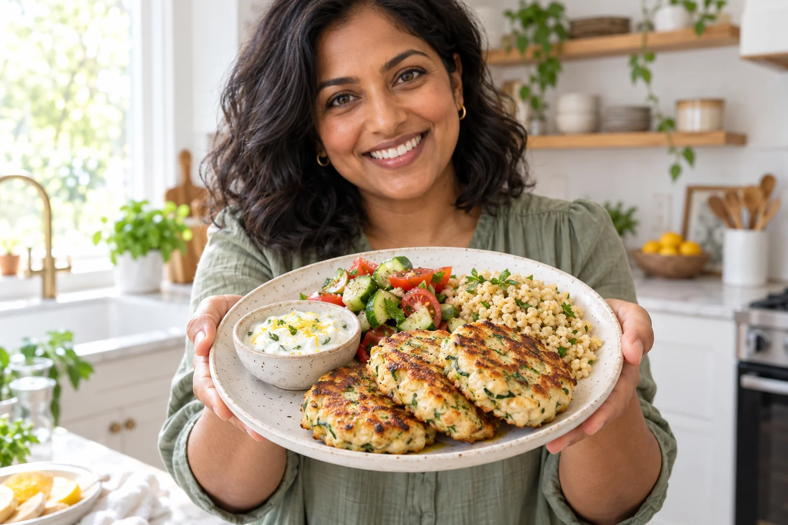Woman presenting chicken zucchini fritters with yogurt, salad and bulgur.
