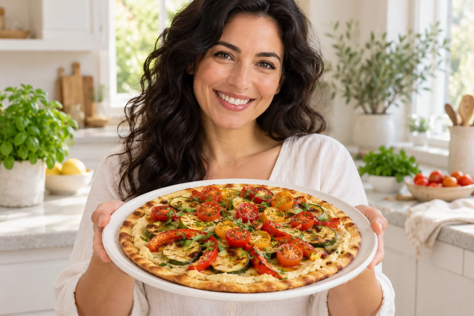 Woman presenting a vegan chickpea crust pizza with white bean spread and roasted vegetables.