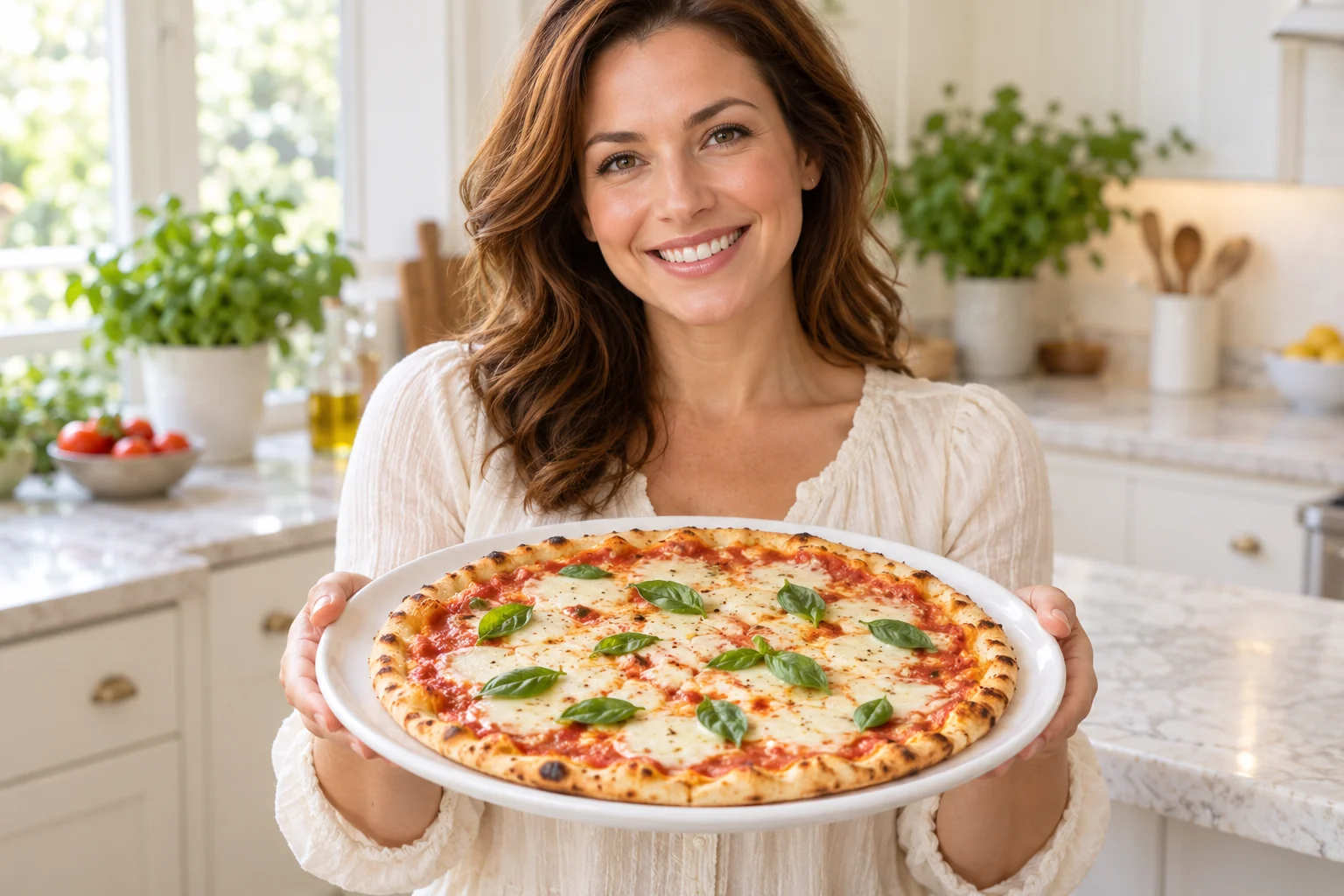 Woman presenting a cottage cheese crust pizza with tomato and basil.