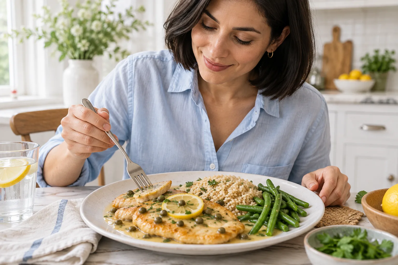 Gluten-Free Chicken Piccata with Green Beans and Brown Rice