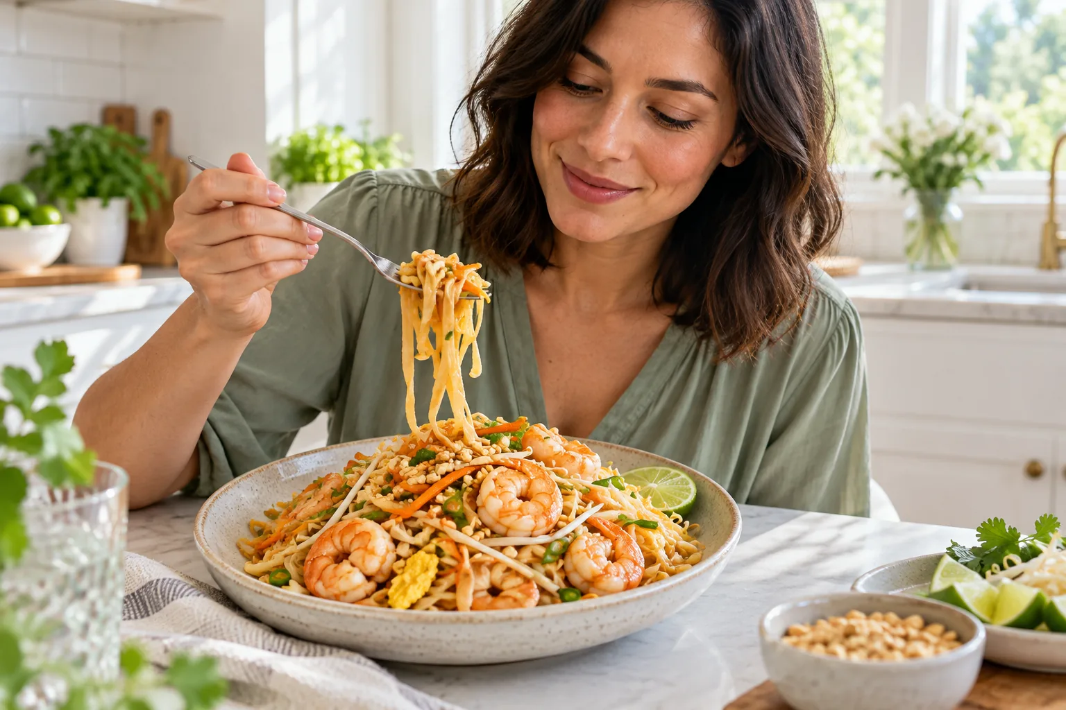 Gluten-Free Shrimp Pad Thai with Rice Noodles and Vegetables