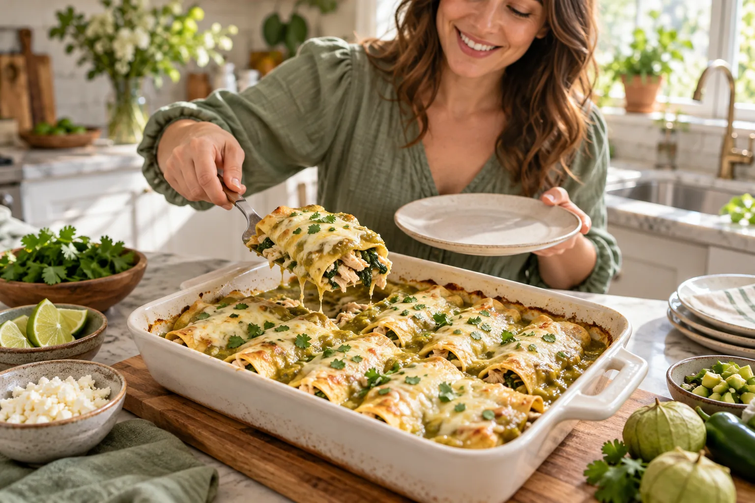 Green Chile Chicken and Spinach Enchiladas