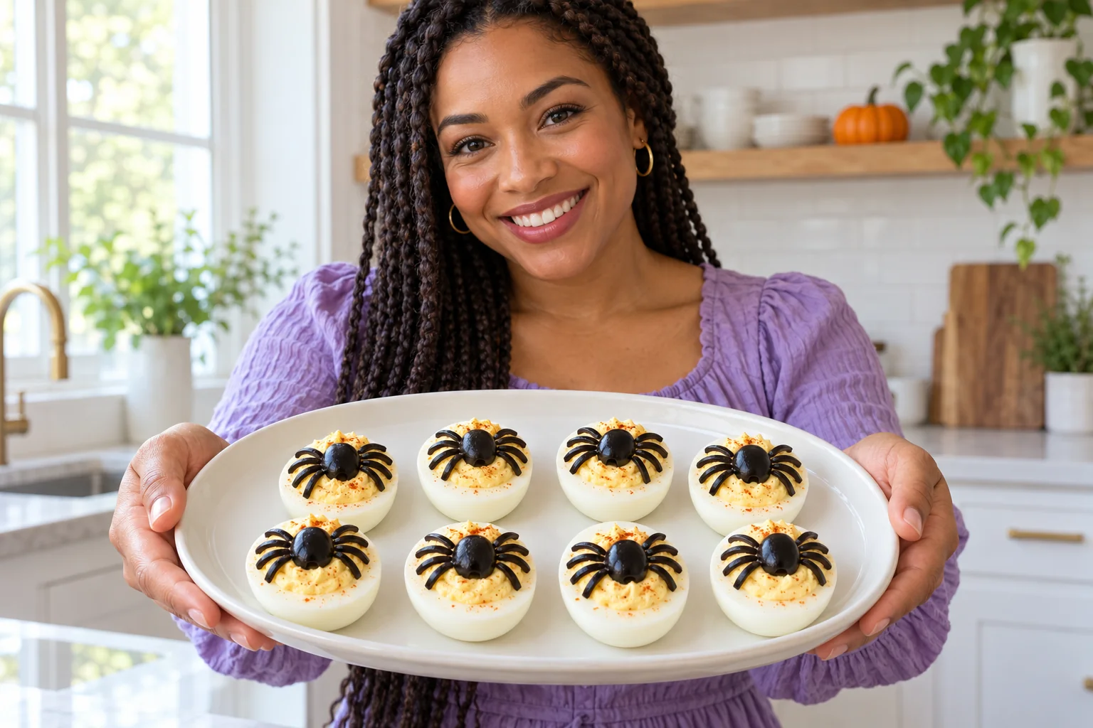 Woman presenting eight deviled egg halves decorated with edible black olive spiders.