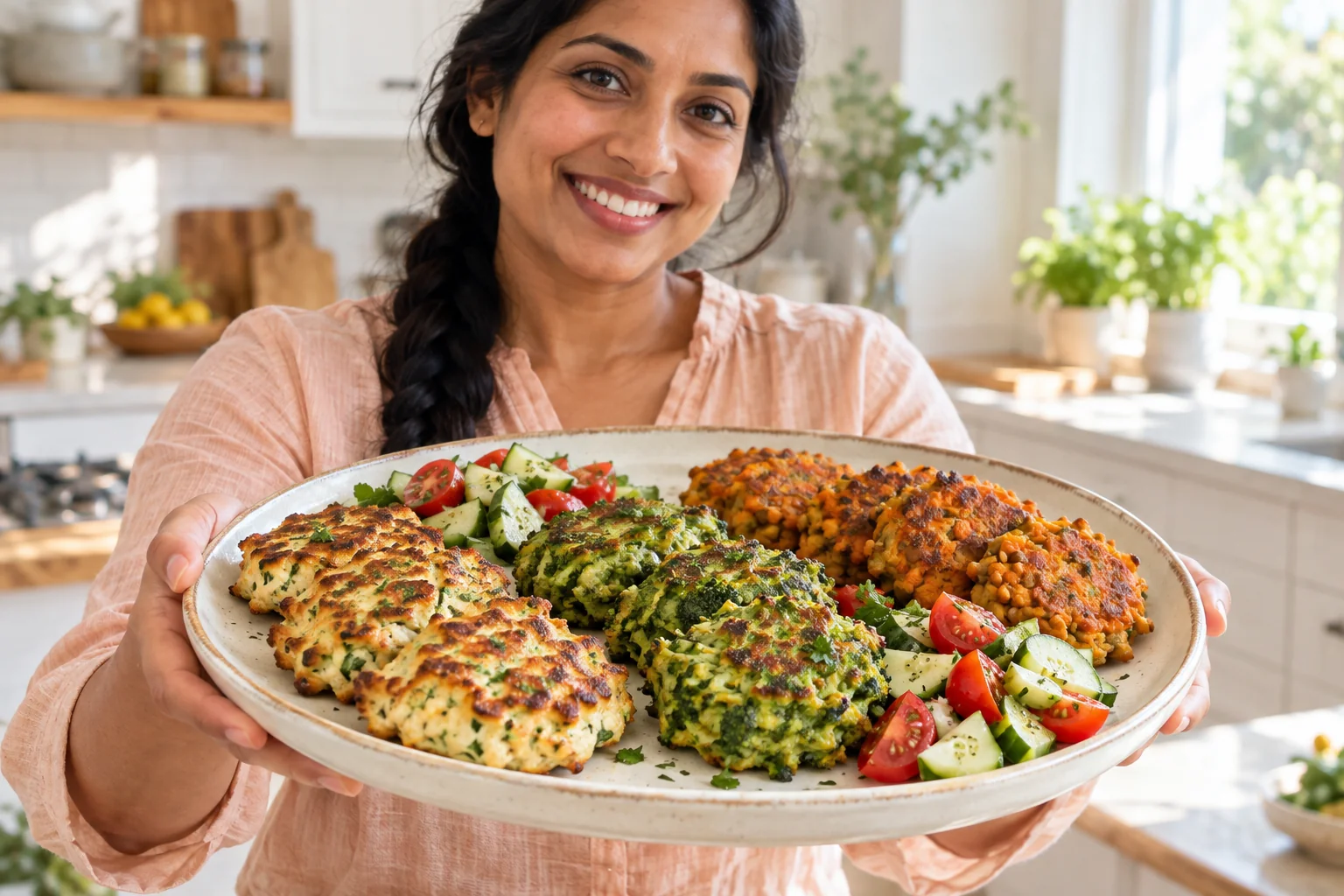 Woman presenting a platter of three fritter styles and fresh salads.