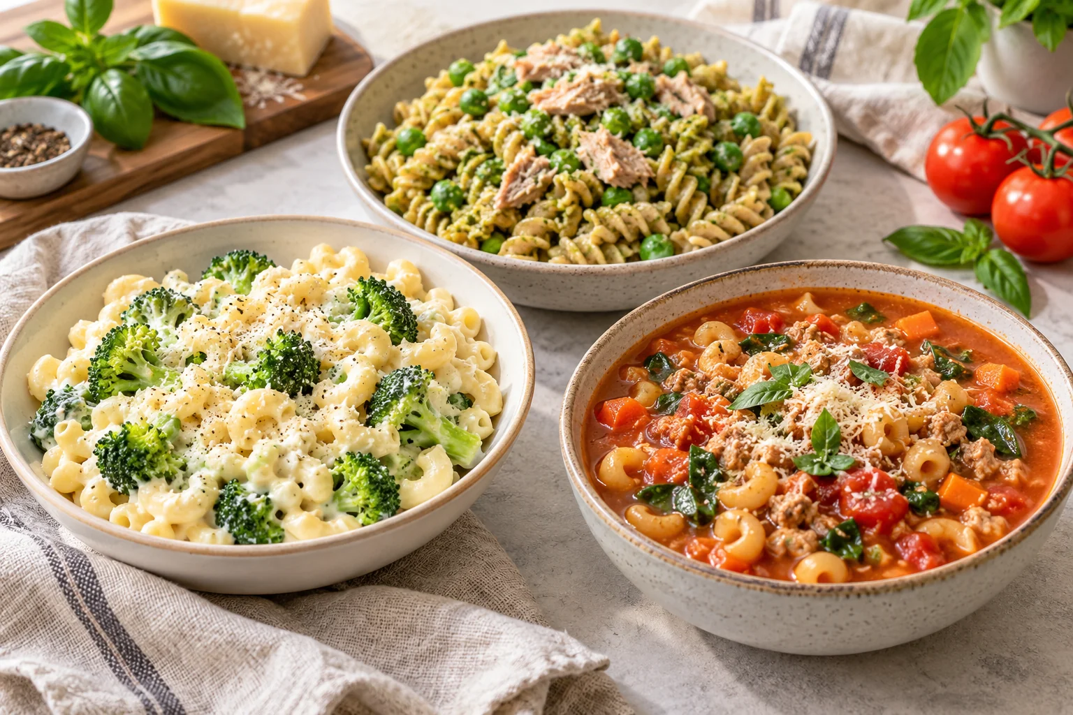 Three different protein-focused pasta dinners