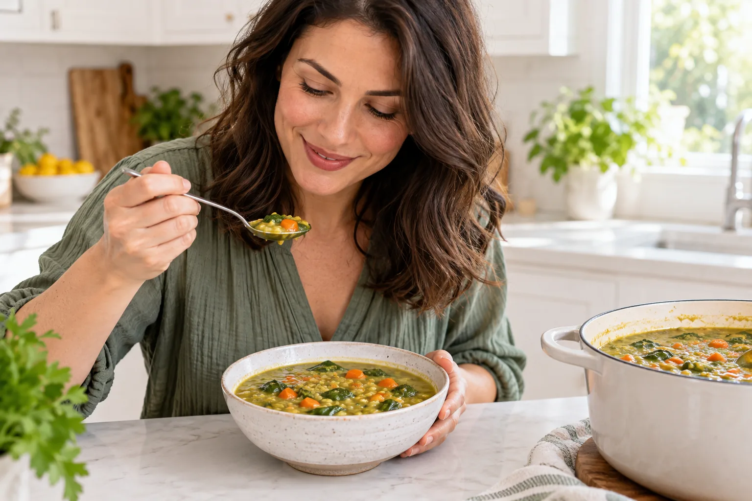 One-Pot Split Pea Soup with Carrots and Spinach