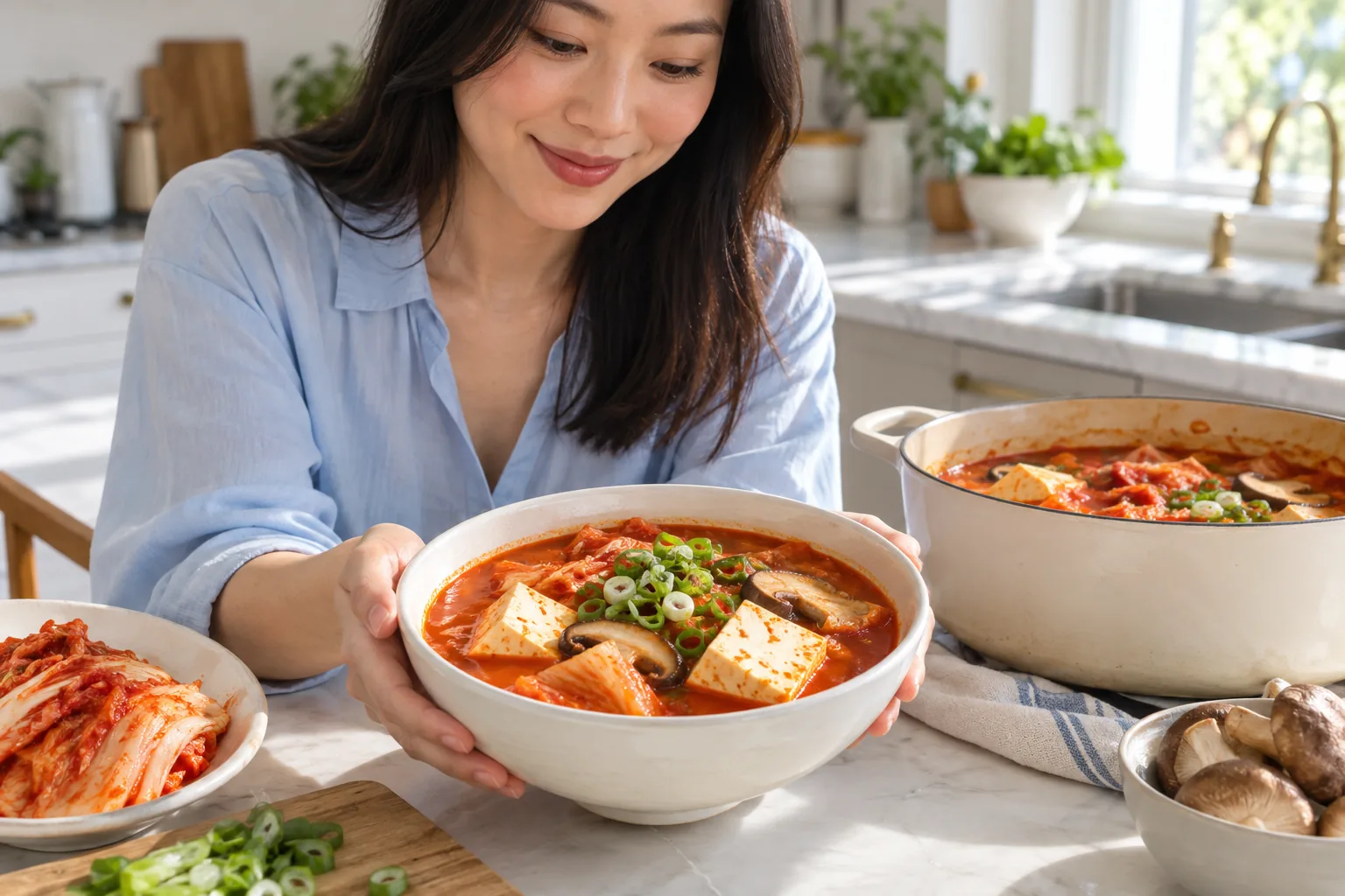 One-Pot Tofu Kimchi Stew with Mushrooms