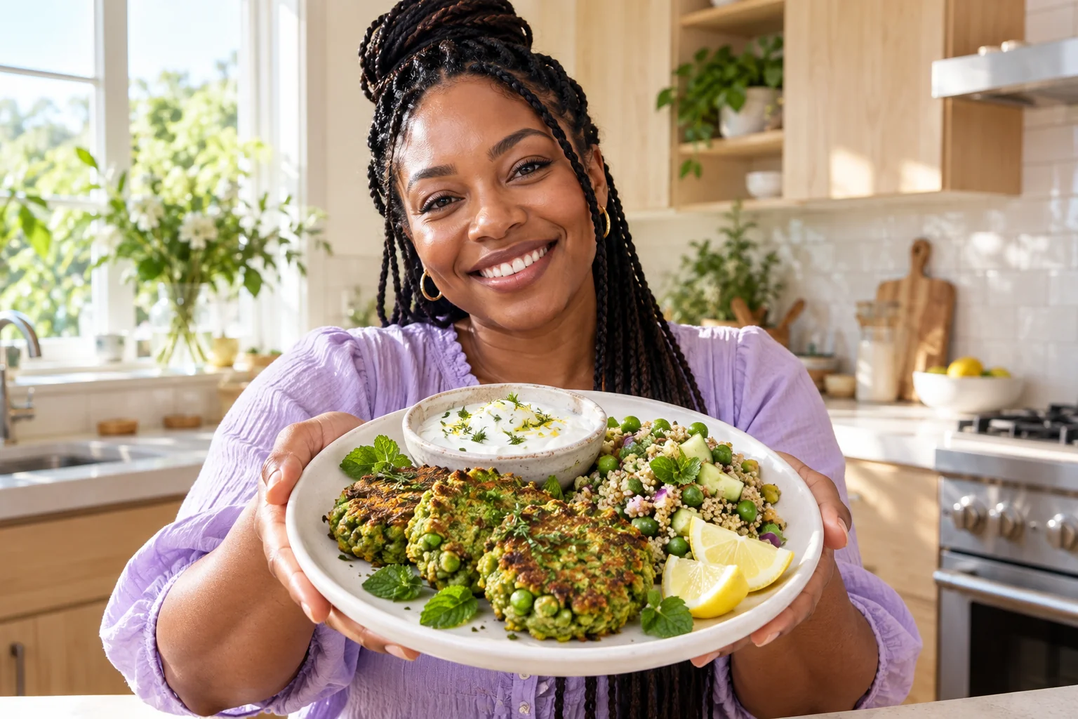 Woman presenting pea mint fritters with lemon yogurt and quinoa salad.
