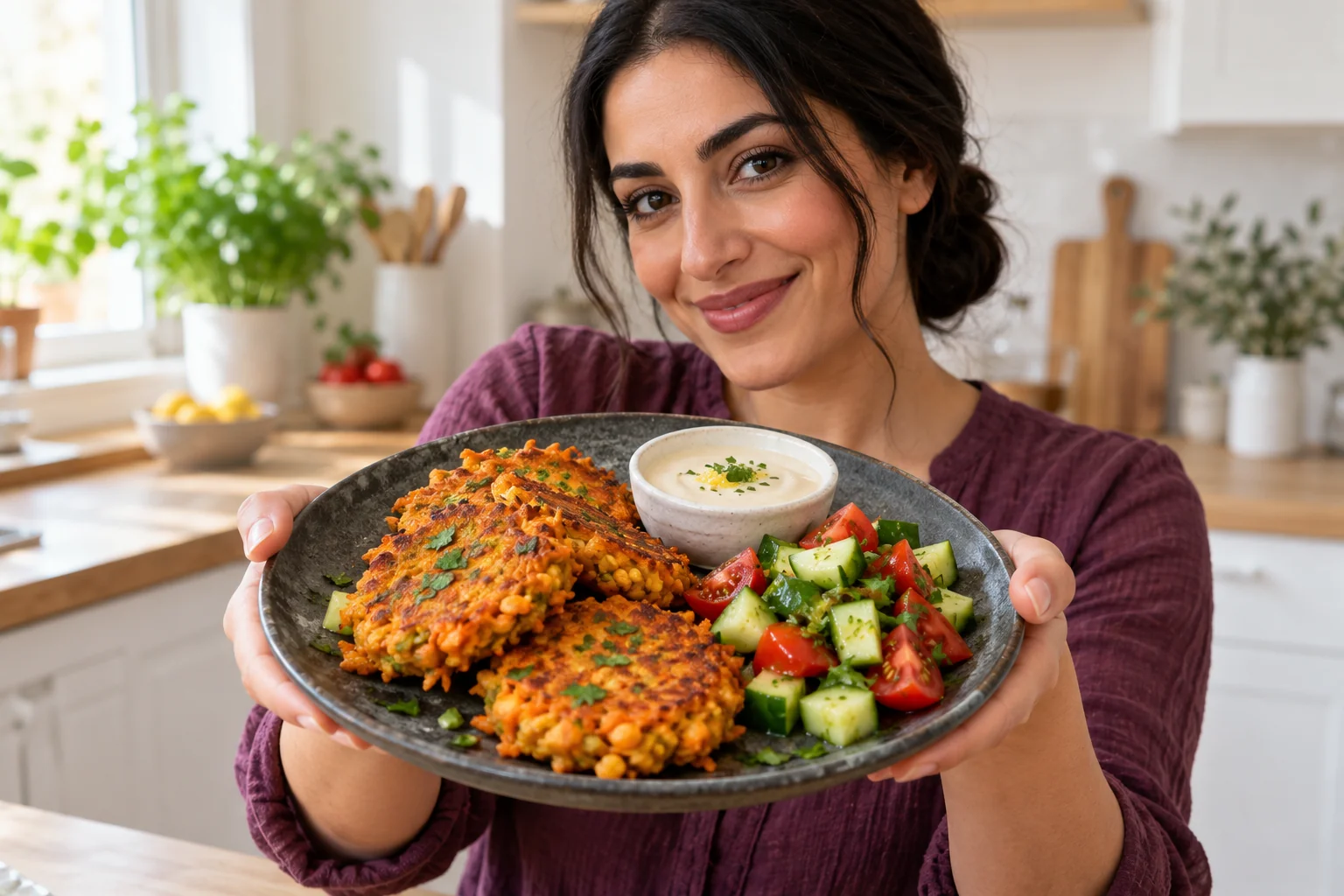 Woman presenting red lentil carrot fritters with salad and lemon tahini.