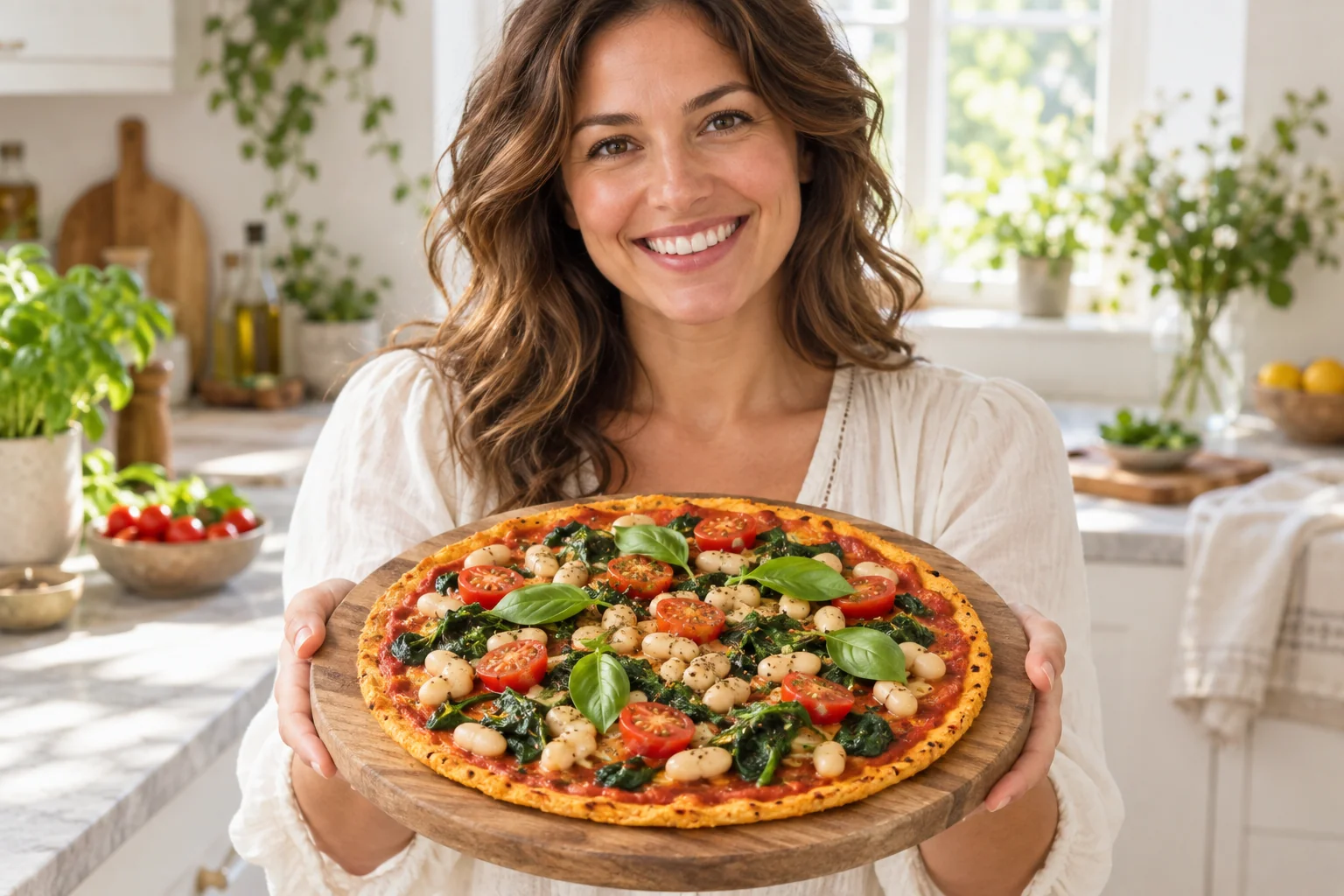 Woman presenting a vegan red lentil crust pizza with white beans, spinach and tomatoes.