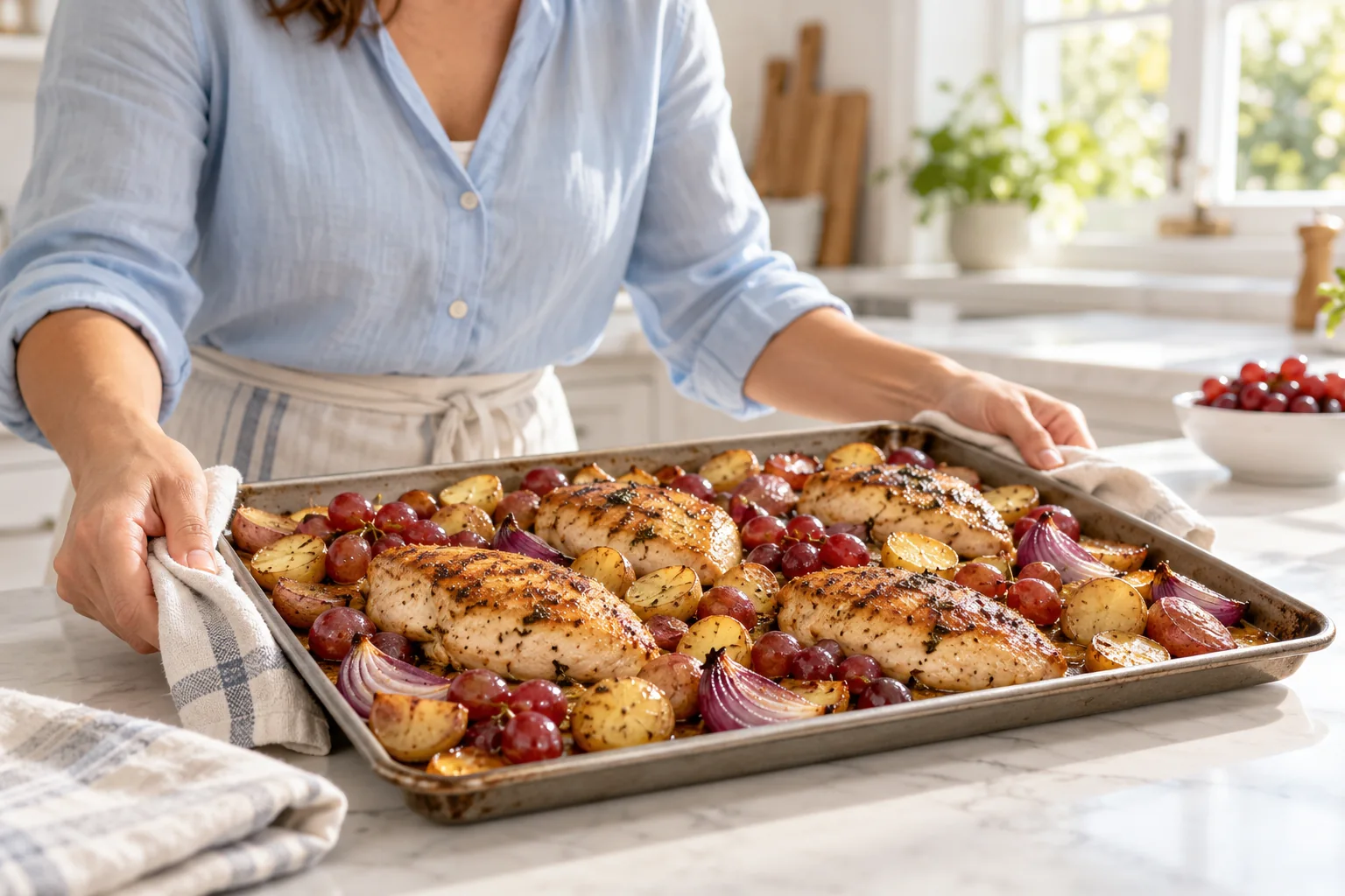 Sheet-Pan Balsamic Chicken with Grapes, Red Onion and Baby Potatoes