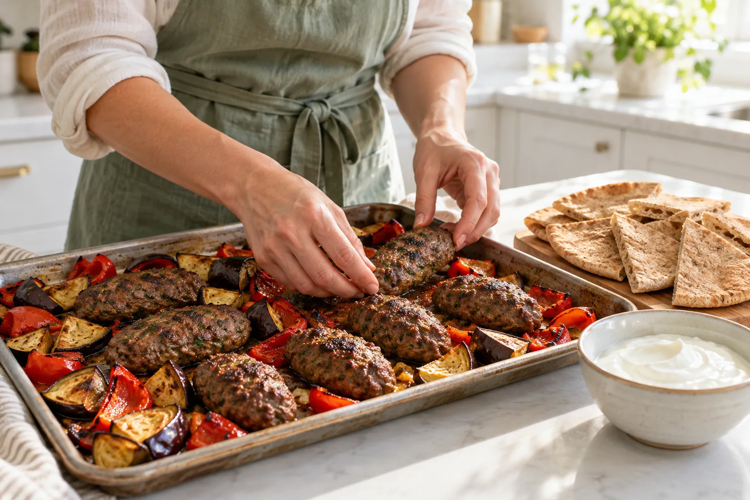 Sheet-Pan Lean Beef Kofta with Eggplant and Whole-Wheat Pita