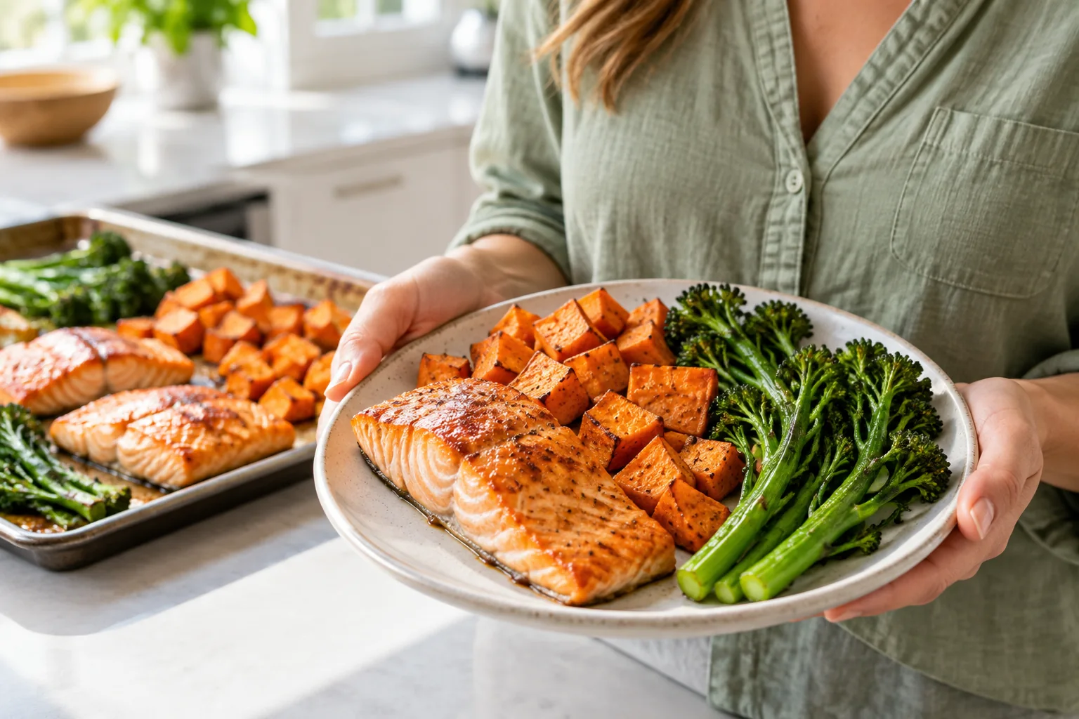 Sheet-Pan Maple-Dijon Salmon with Sweet Potatoes and Broccolini