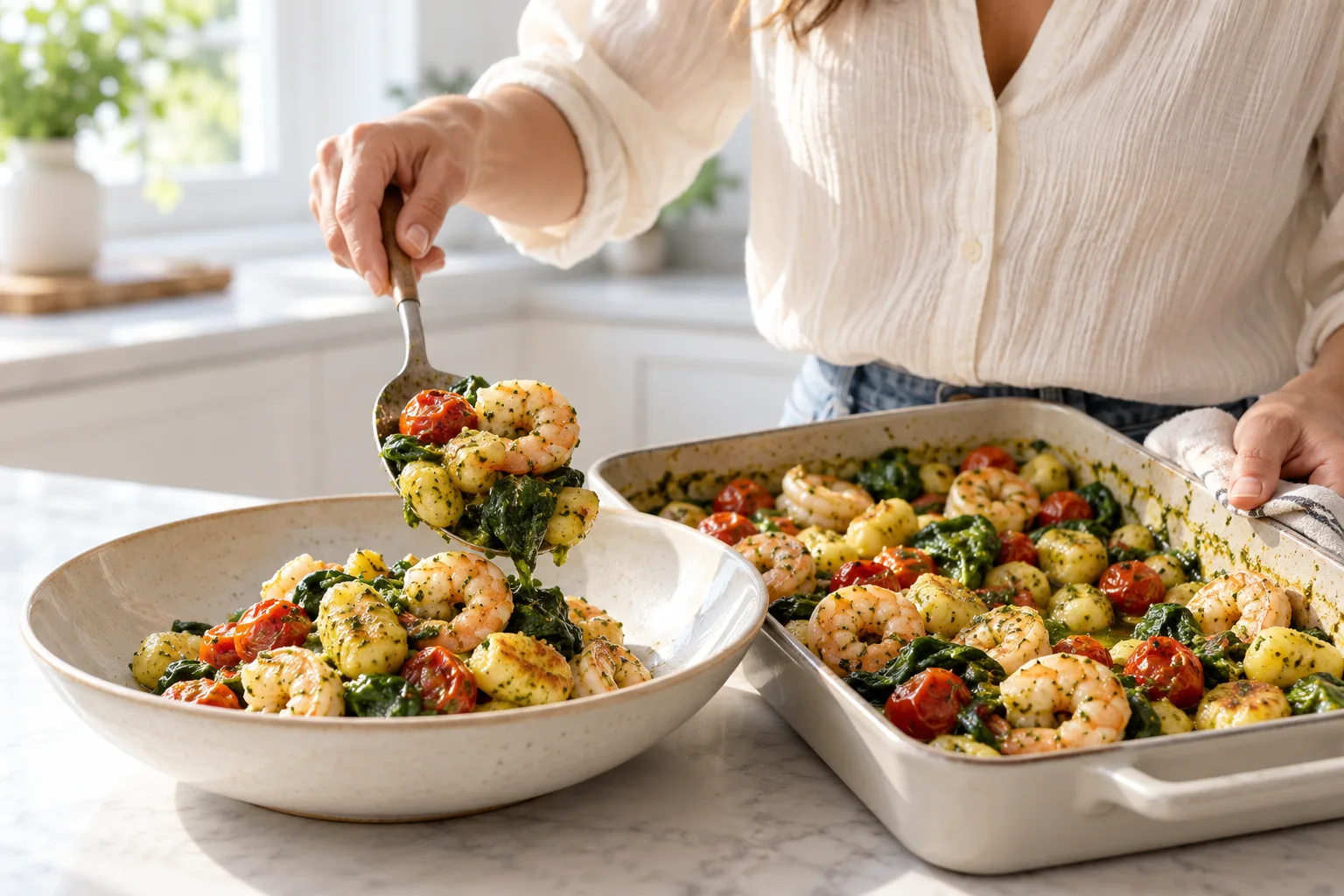 Sheet-Pan Pesto Shrimp and Gnocchi with Tomatoes and Spinach