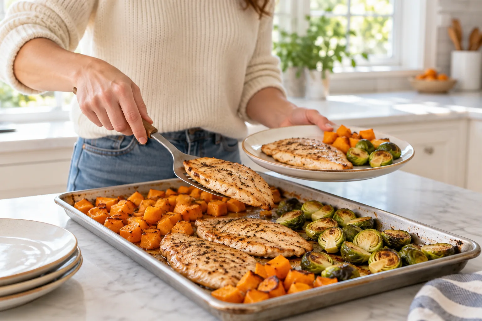 Sheet-Pan Turkey Cutlets with Butternut Squash and Brussels Sprouts