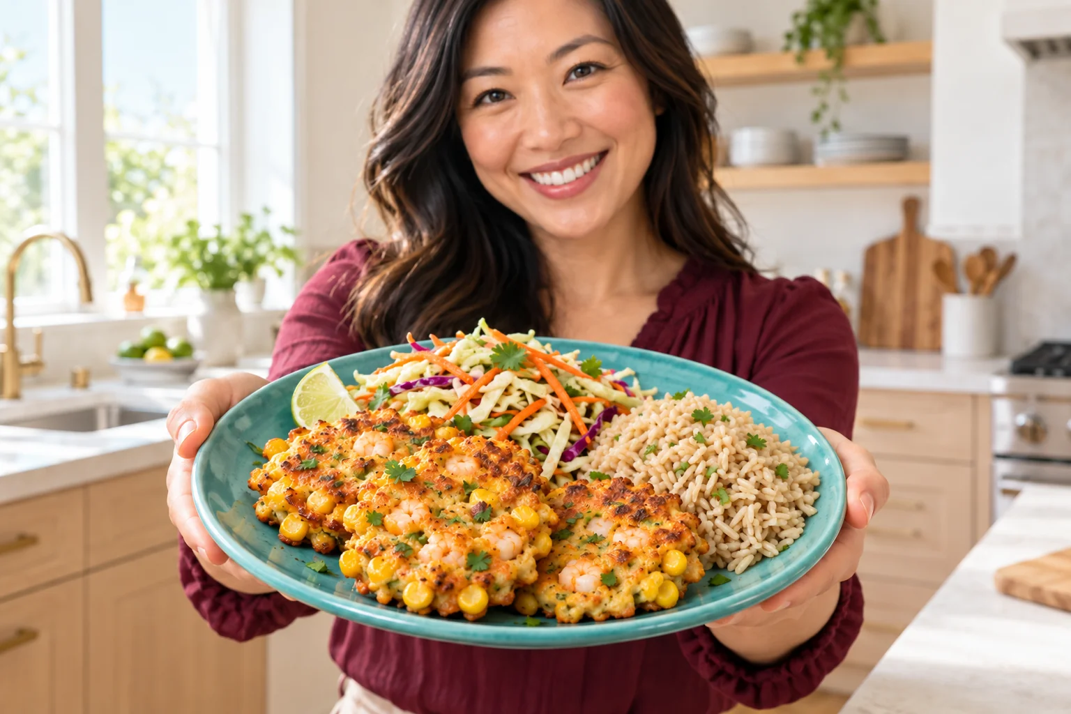 Woman presenting shrimp corn fritters with cabbage carrot lime slaw and brown rice.