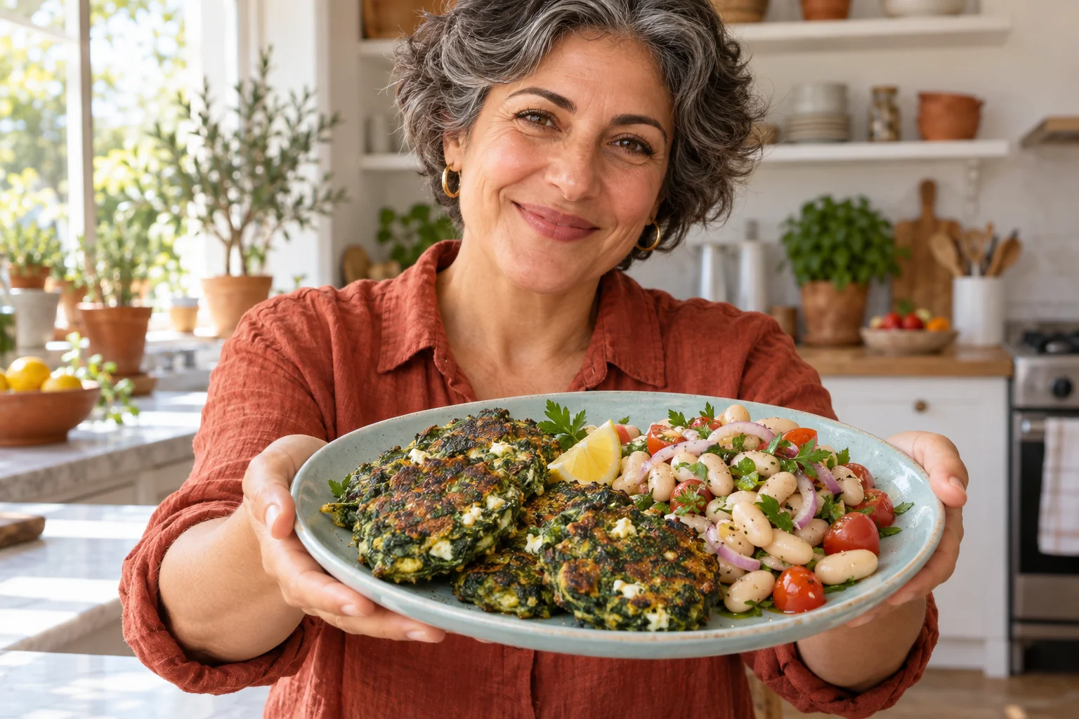 Woman presenting spinach feta fritters with white bean salad.