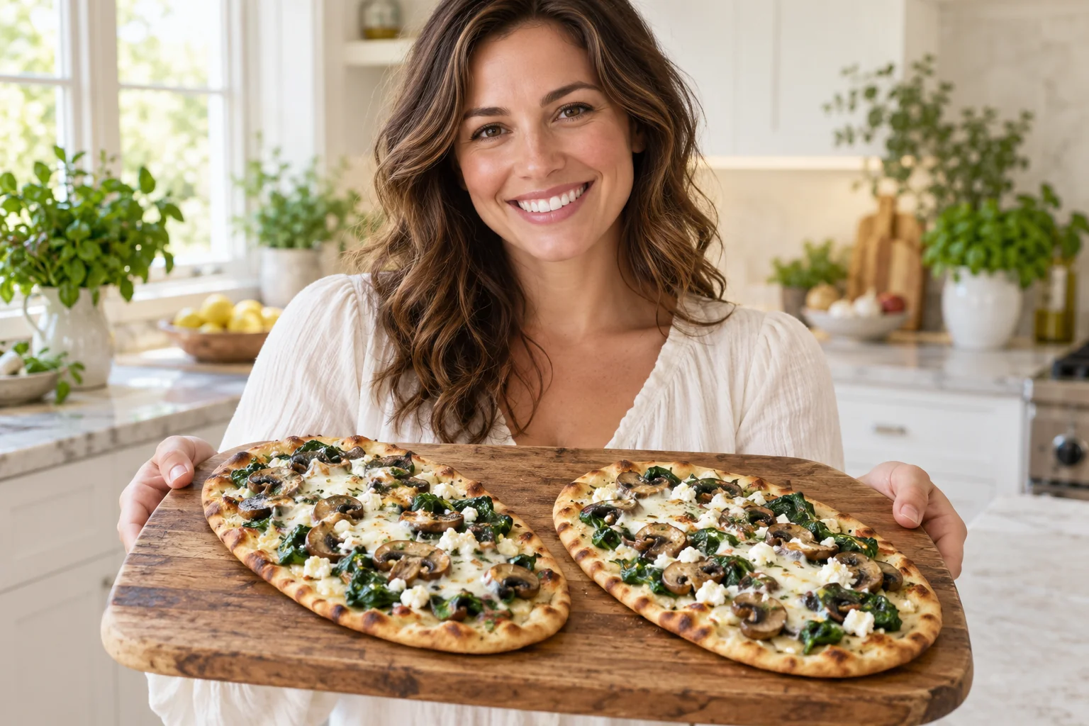 Woman presenting spinach and mushroom flatbreads.