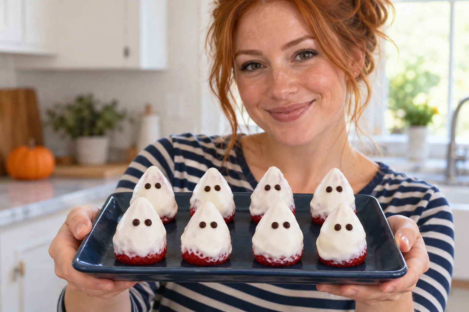 Woman presenting eight hulled strawberry yogurt ghosts with pointed tops and tiny chocolate eyes.