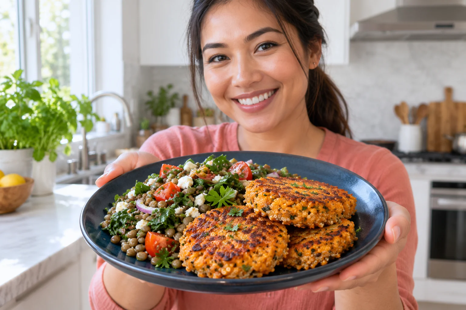 Woman presenting sweet potato quinoa fritters with lentil salad.