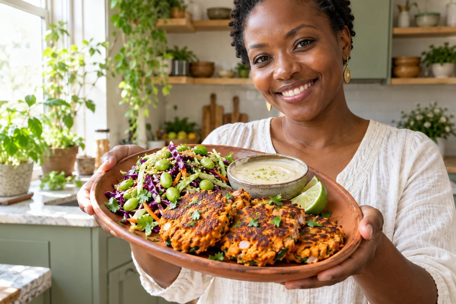 Woman presenting vegan tofu sweet potato fritters with edamame cabbage salad and lime tahini.