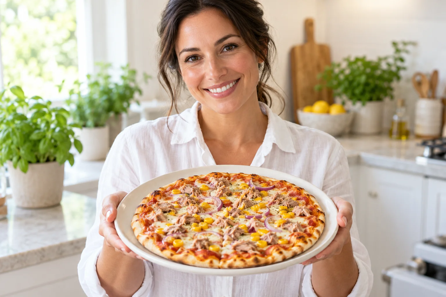Woman presenting a tuna and sweetcorn pizza.