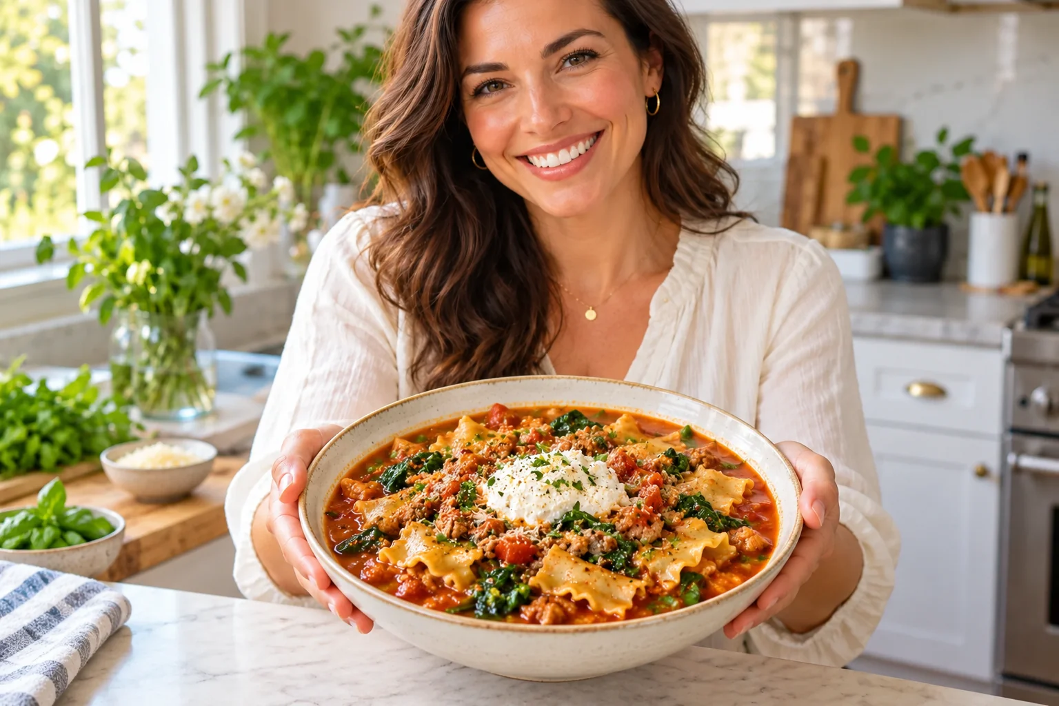 Turkey Lasagna Soup with Spinach