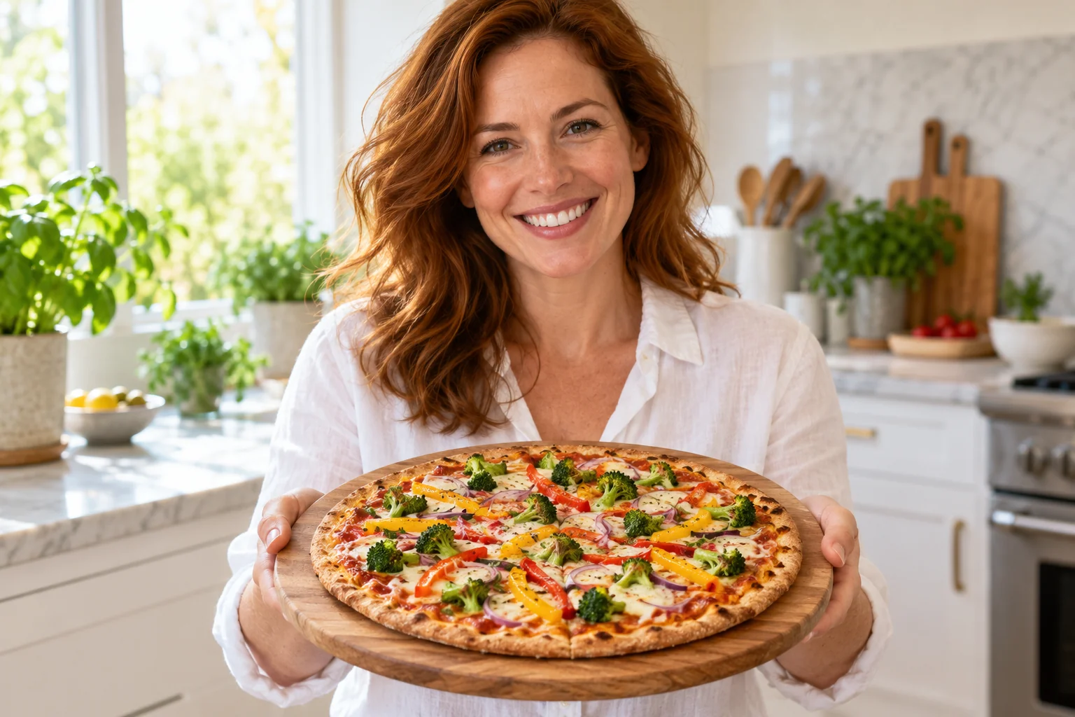 Woman presenting a whole wheat pizza topped with broccoli and peppers.