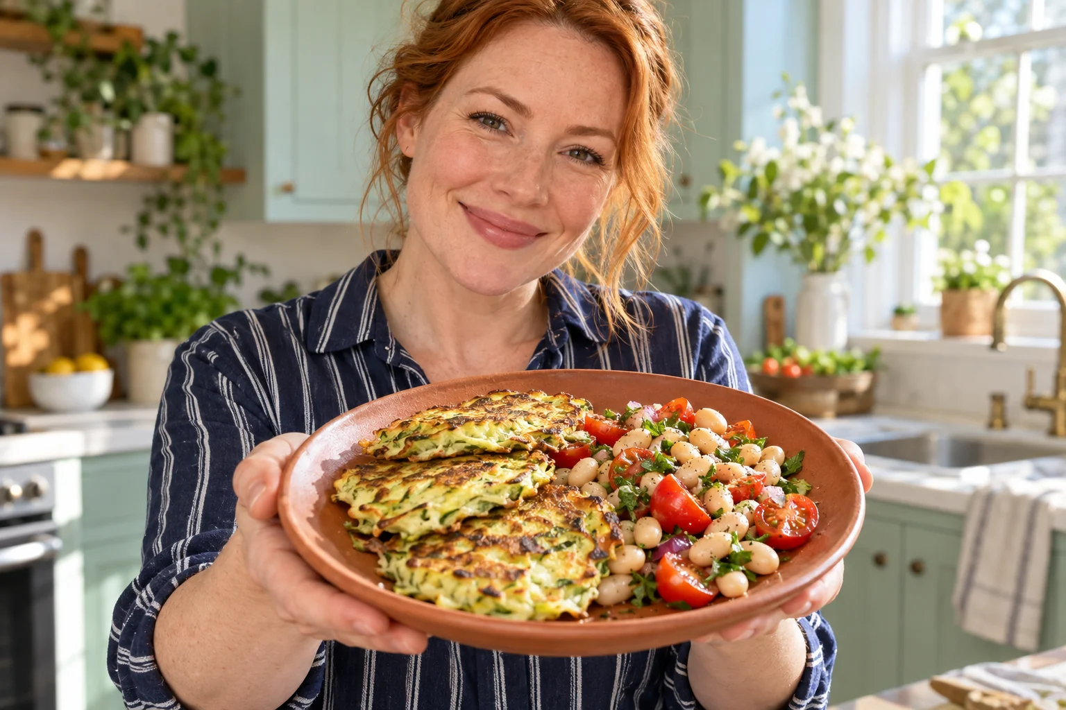 Woman presenting zucchini cottage cheese fritters with cherry tomato white bean salad.