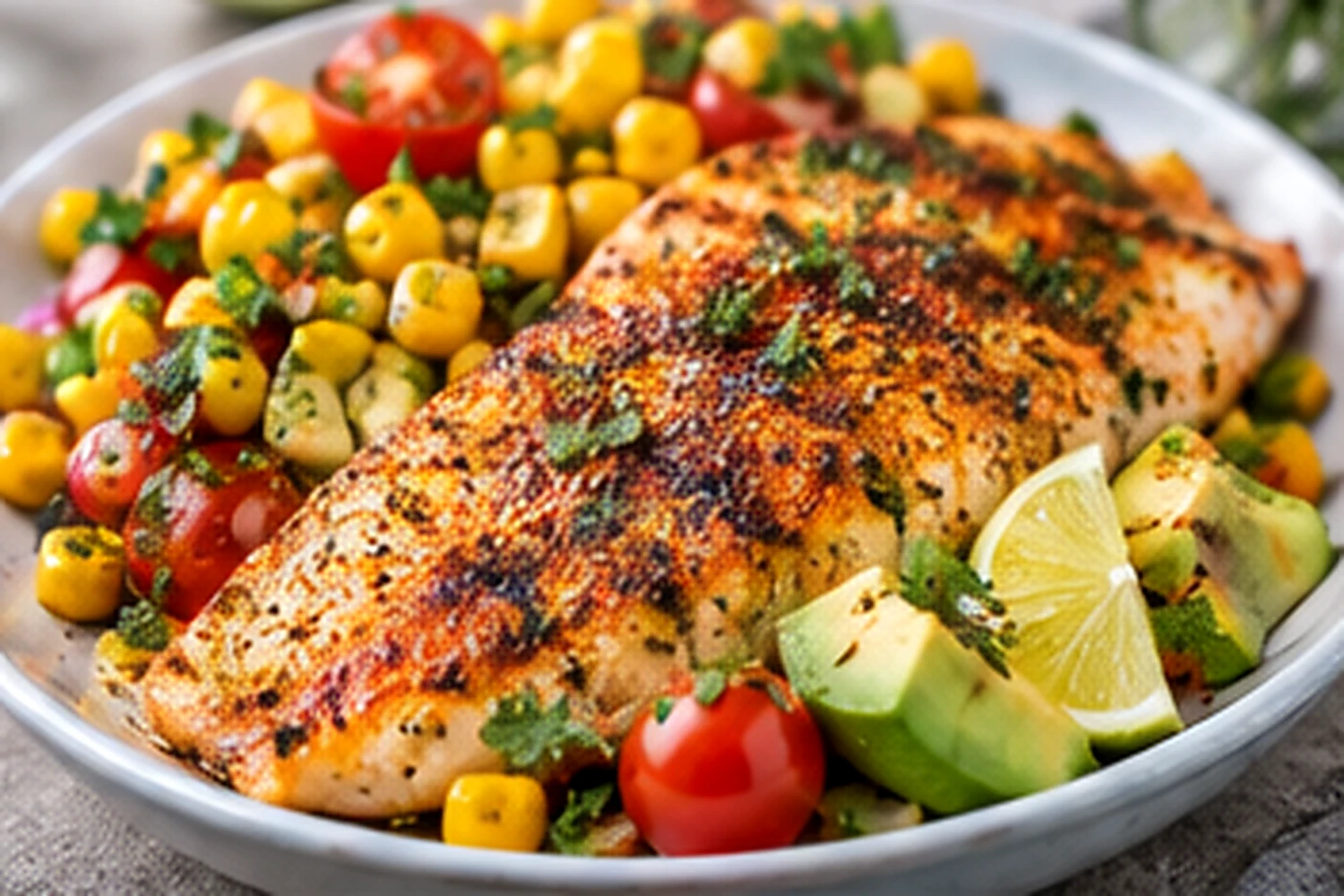 Air Fryer Cajun Tilapia with Corn, Tomato and Avocado Salsa