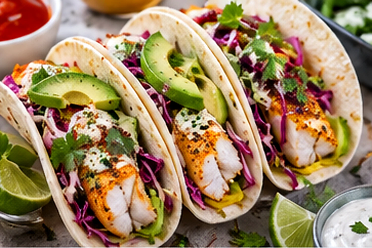 Air Fryer Cod Tacos with Avocado Cabbage Slaw served and ready to eat