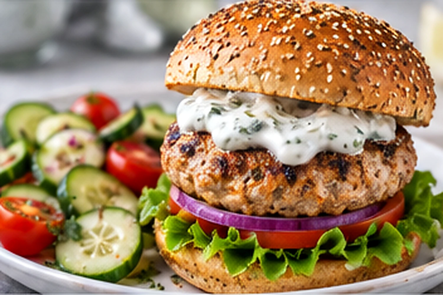 Air Fryer Greek Turkey Burgers with Tzatziki Cucumber Salad