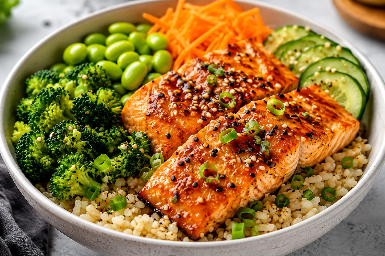 Air Fryer Hot Honey Salmon Edamame Rice Bowl
