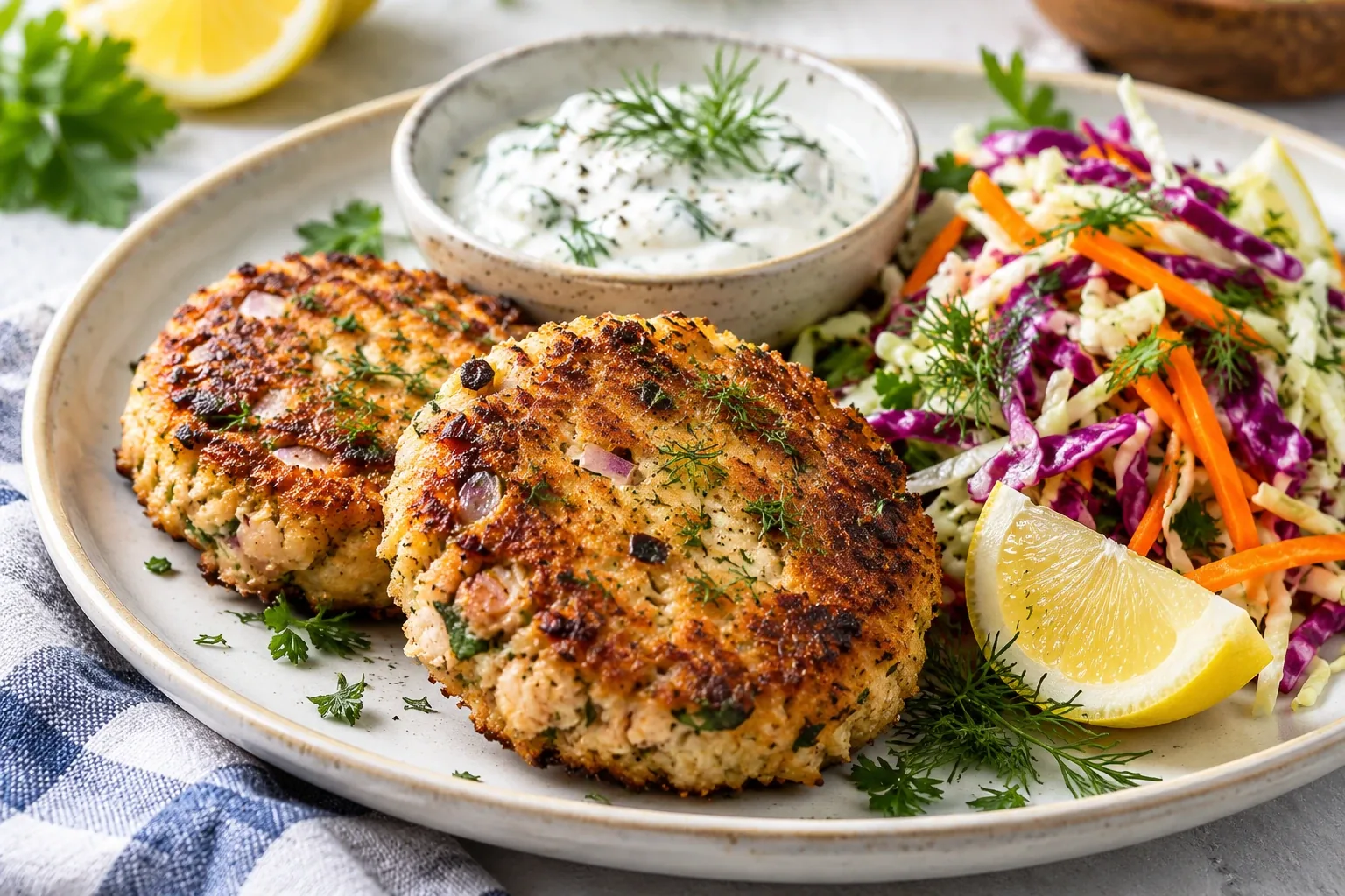 Air-Fryer Tuna Patties with Lemon Dill Yogurt and Crunchy Slaw