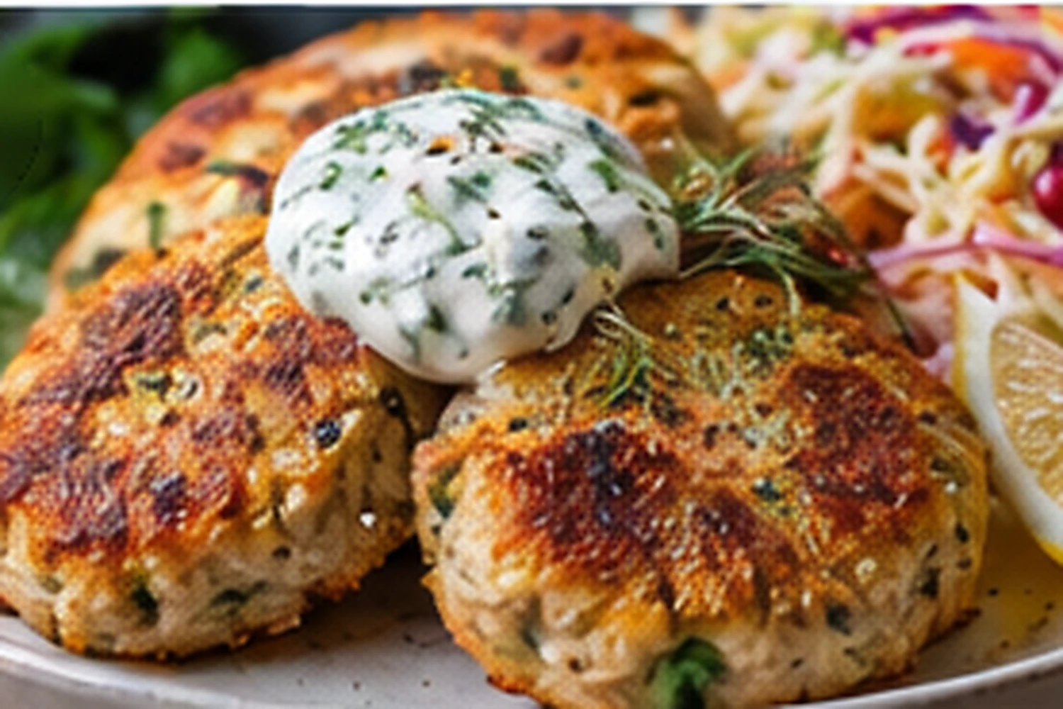 Air-Fryer Tuna Patties with Lemon Dill Yogurt and Crunchy Slaw