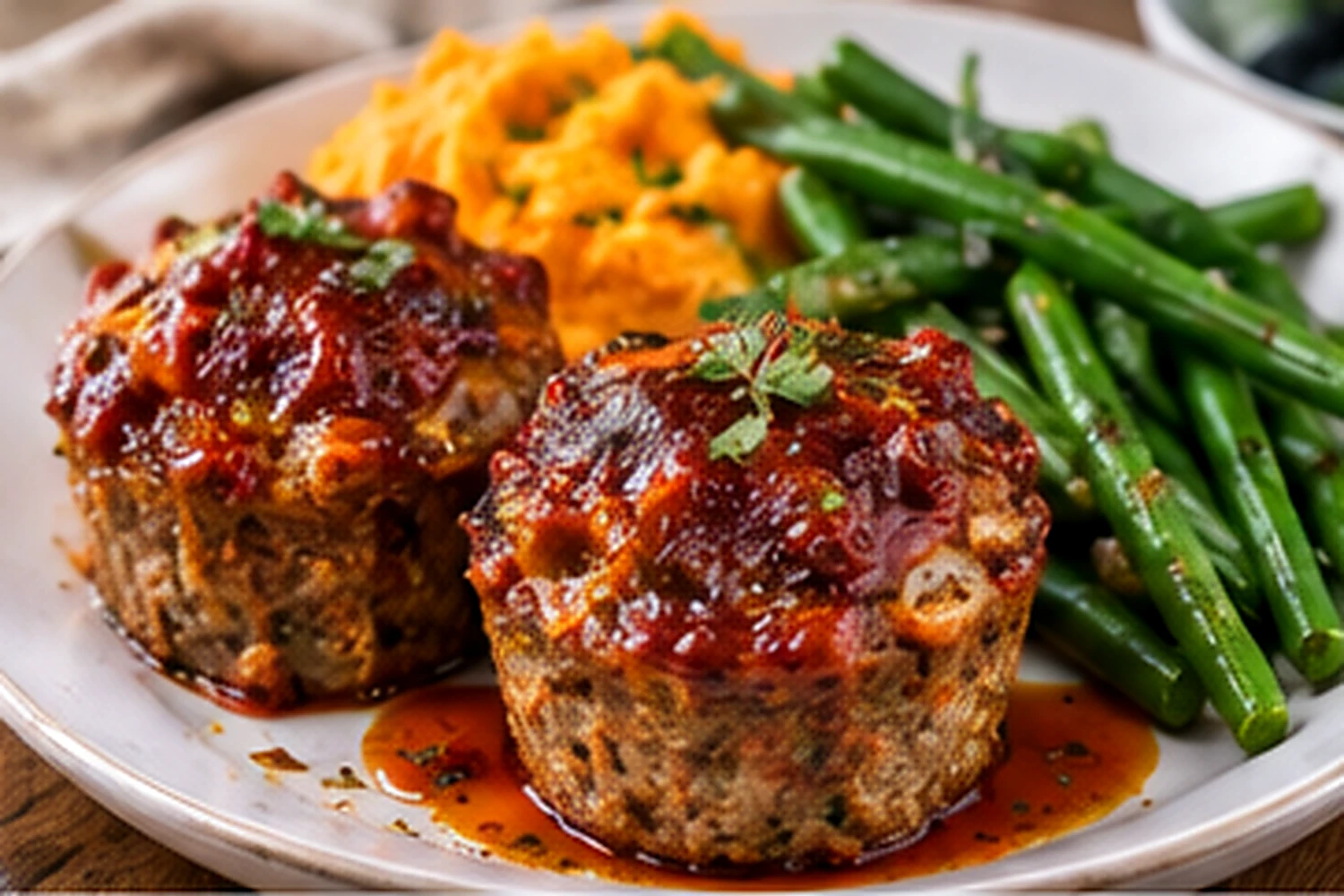 Air Fryer Turkey Meatloaf Muffins with Green Beans and Sweet Potato Mash