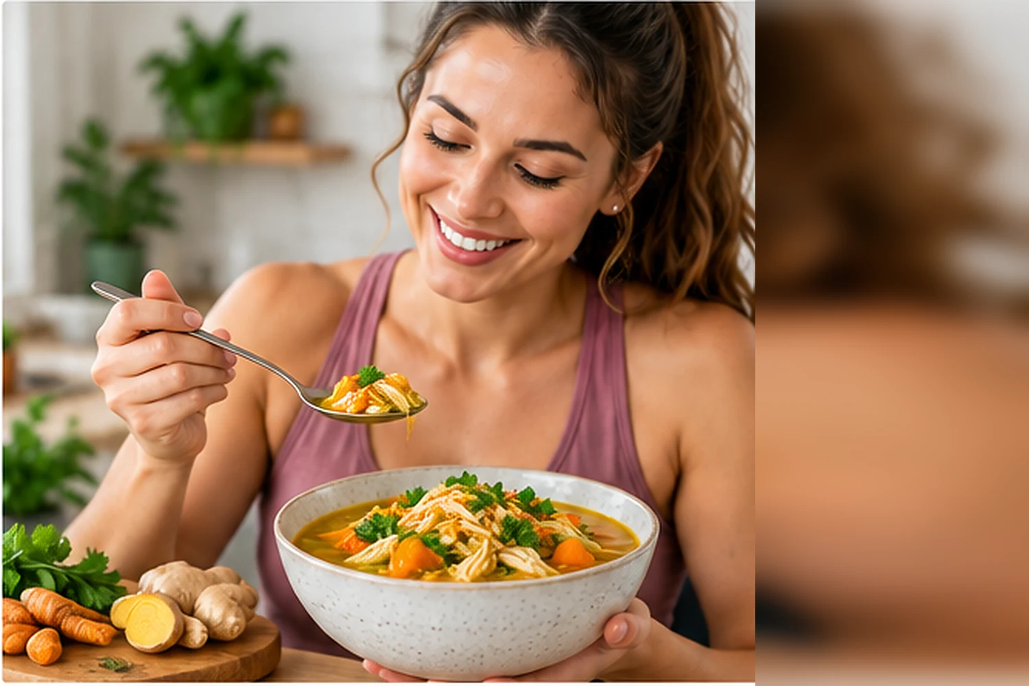 Golden turmeric chicken soup with ginger, sweet potato, spinach and vegetables