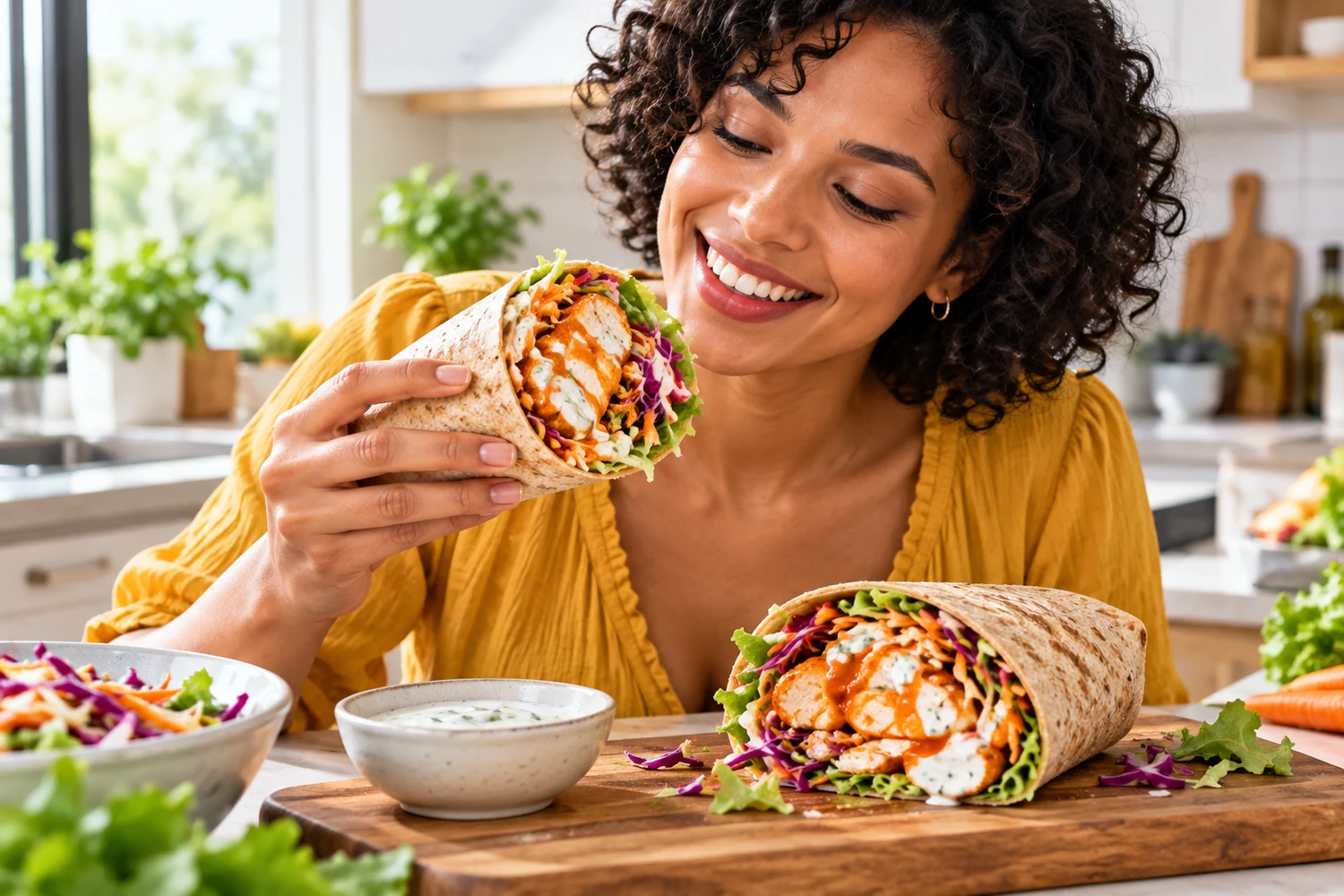 Buffalo Chicken Wrap with Greek Yogurt Ranch and Crunchy Slaw
